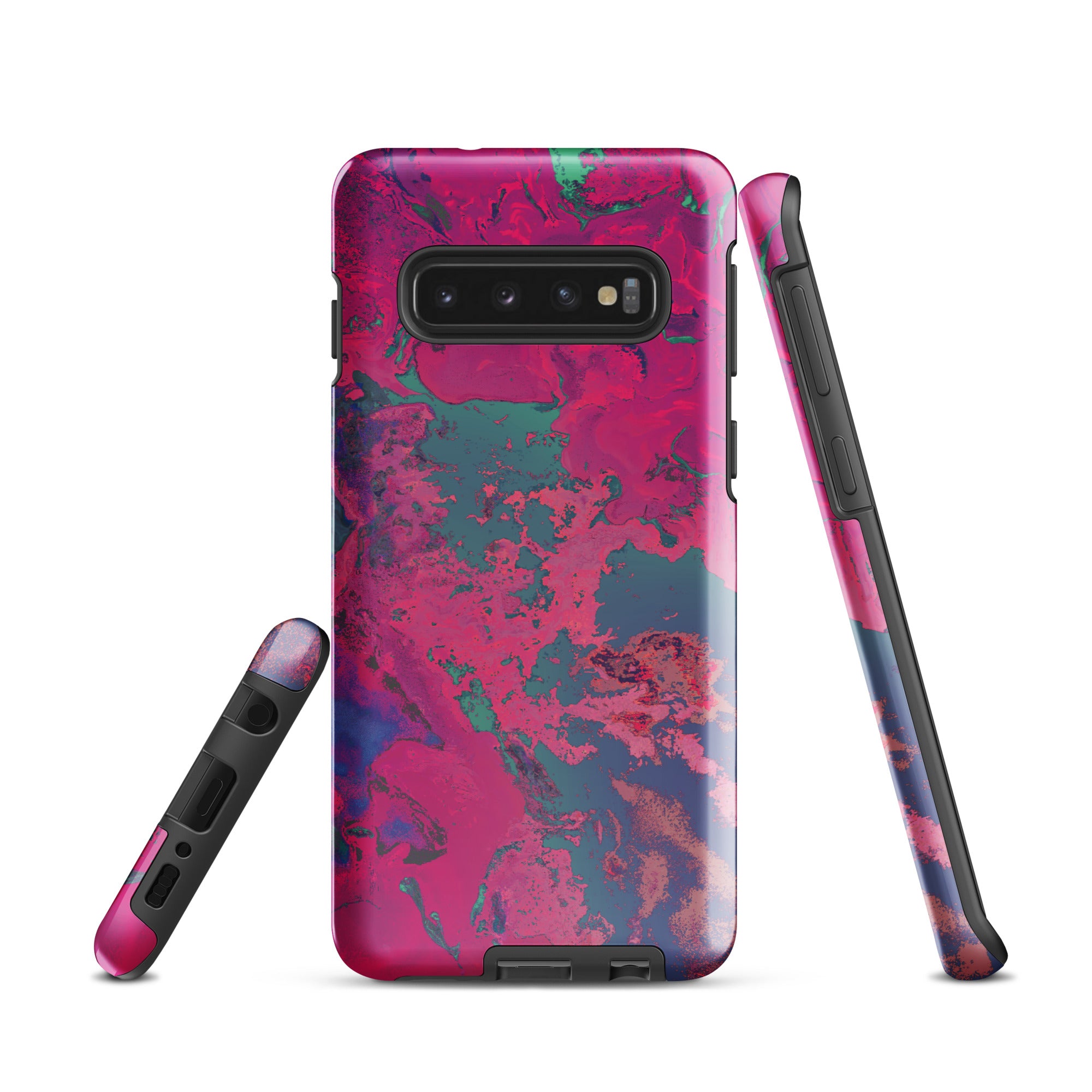 Samsung Galaxy Phone case with a vibrant magenta and blue abstract design on a white background