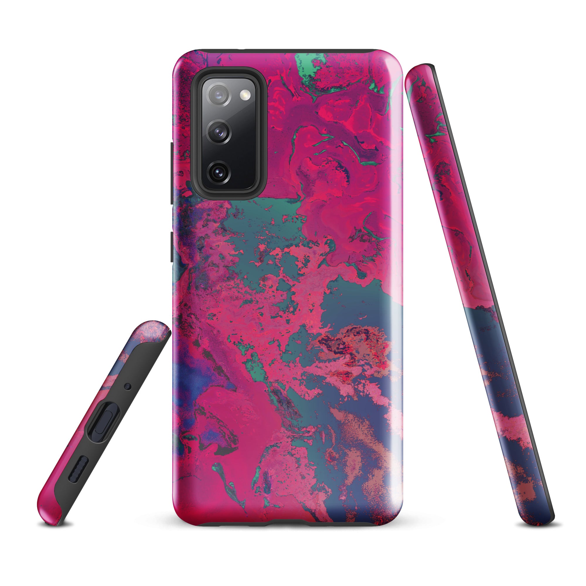 Samsung Galaxy Phone case with a vibrant magenta and blue abstract design on a white background