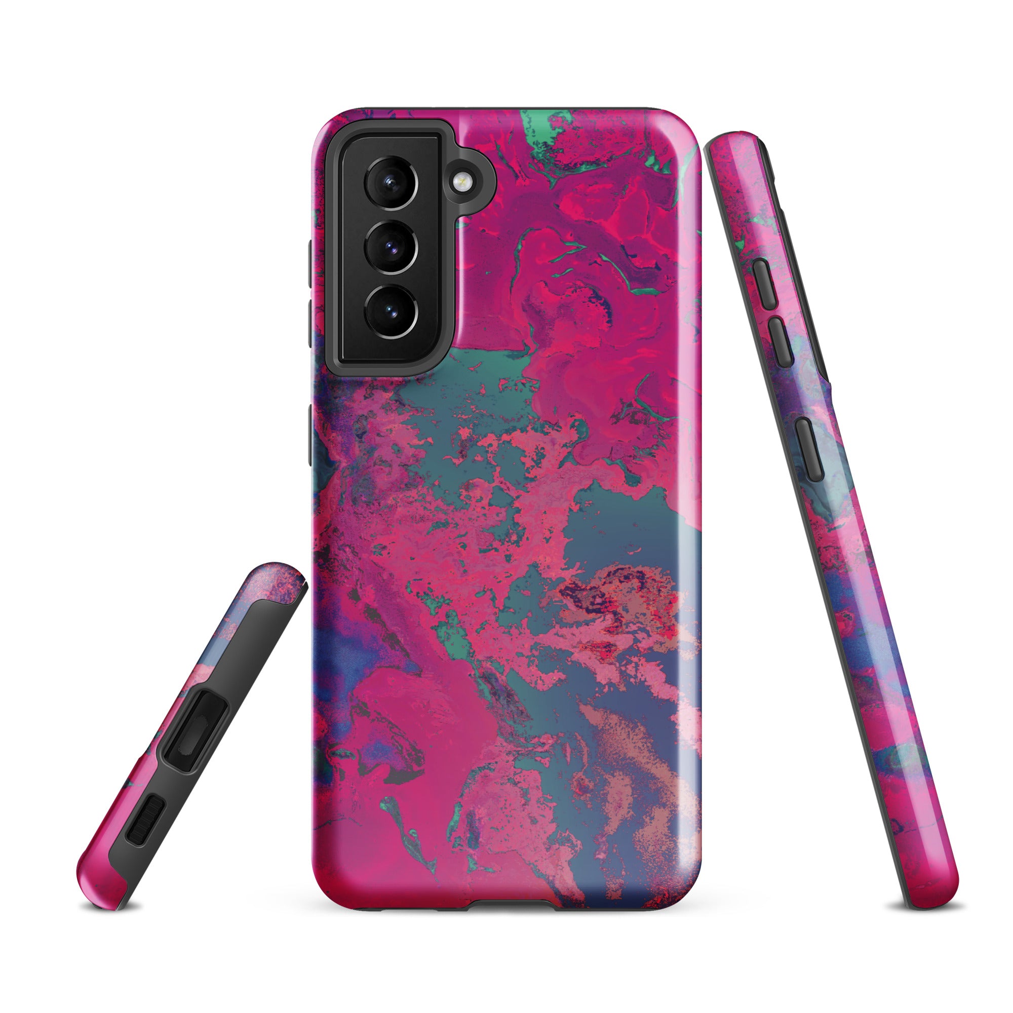 Samsung Galaxy Phone case with a vibrant magenta and blue abstract design on a white background