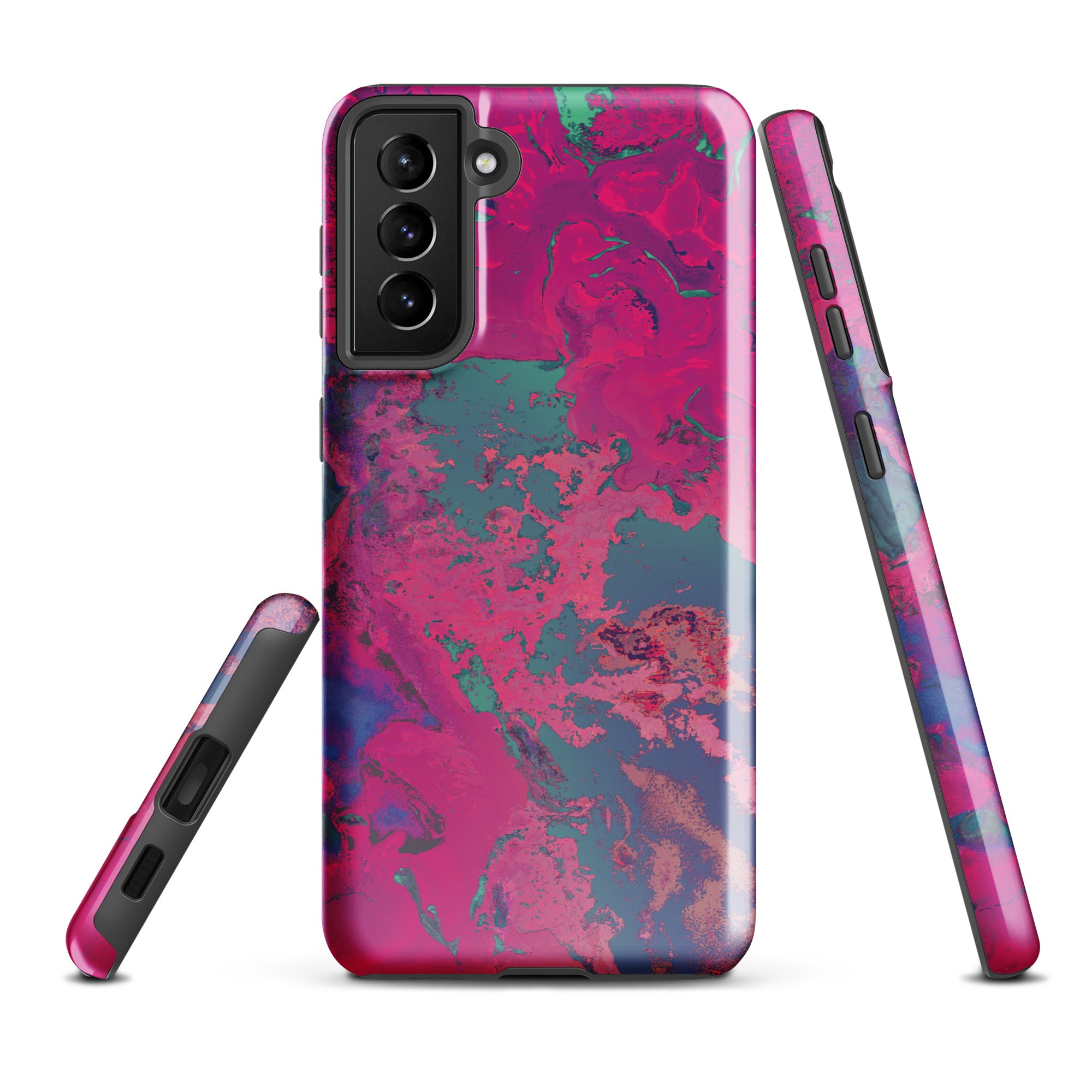Samsung Galaxy Phone case with a vibrant magenta and blue abstract design on a white background