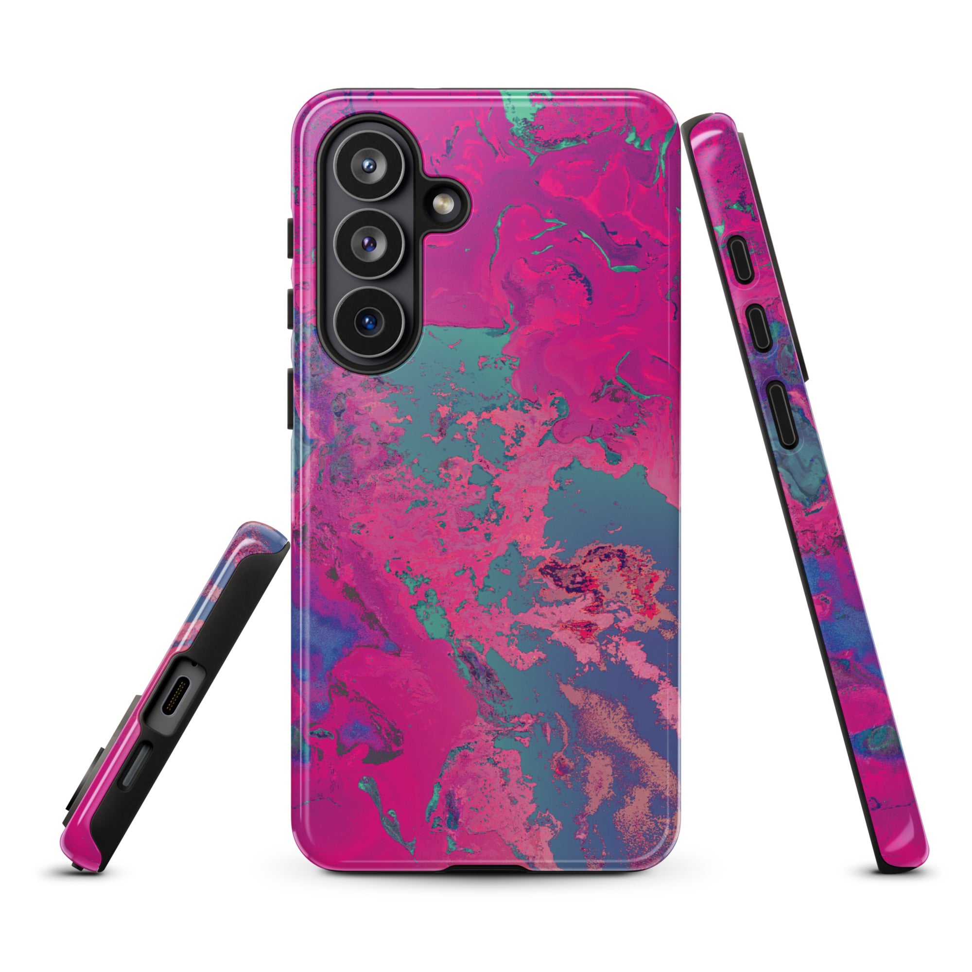 Phone case with pink and blue abstract design on a white background