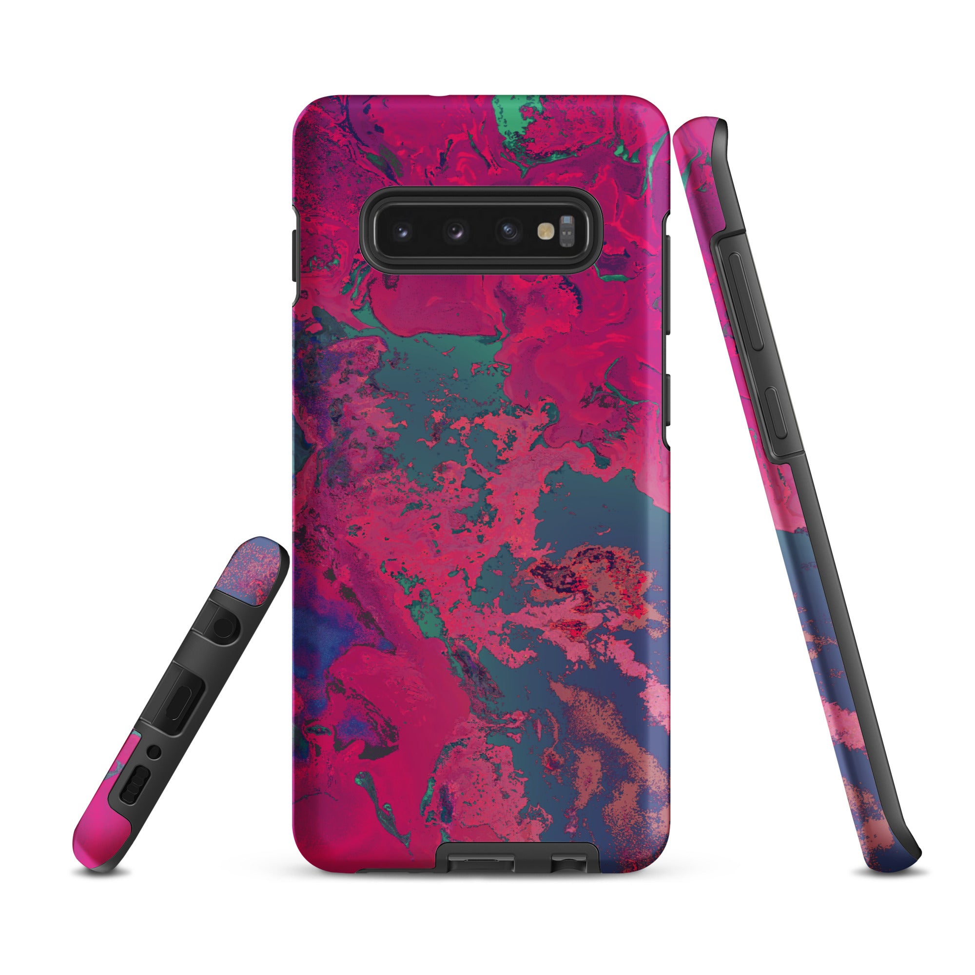 Samsung Galaxy Phone case with a vibrant magenta and blue abstract design on a white background