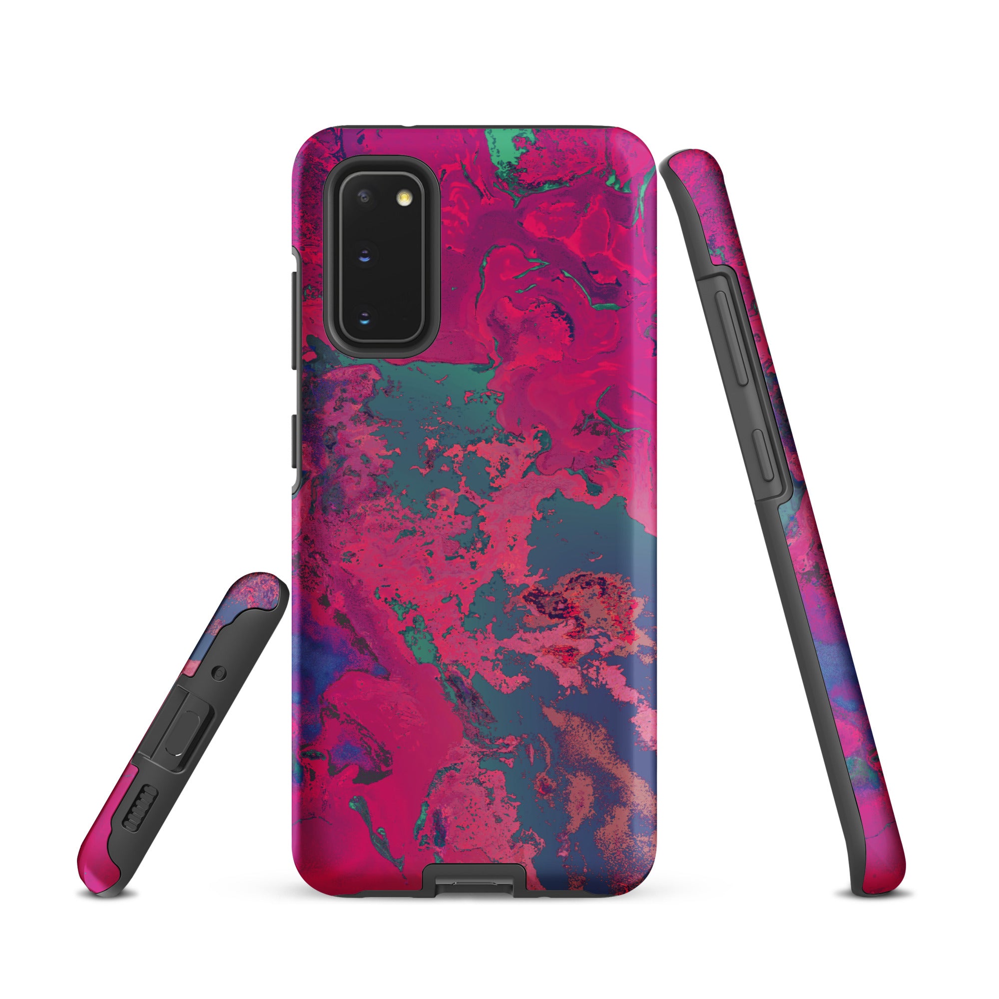 Samsung Galaxy Phone case with a vibrant magenta and blue abstract design on a white background
