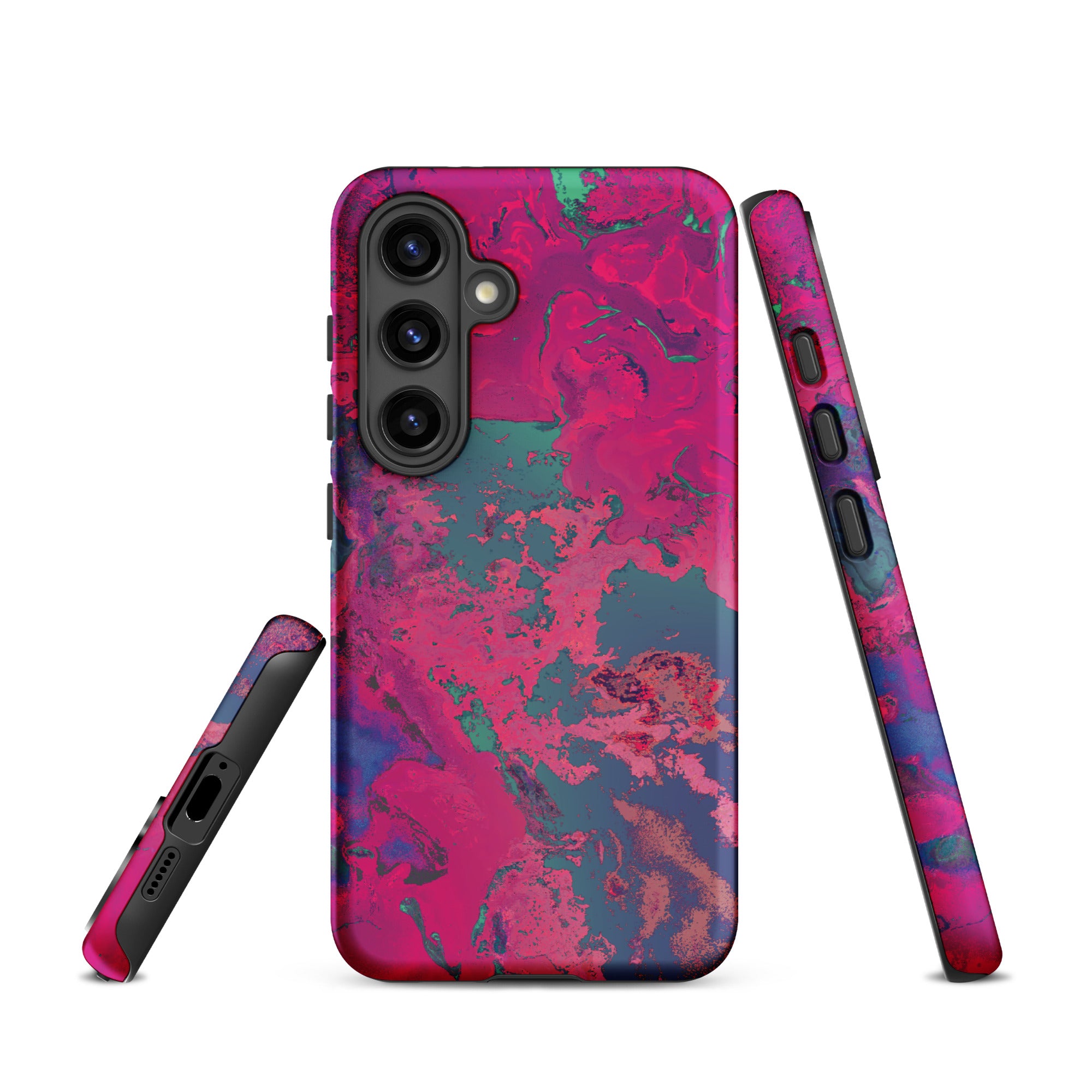 Samsung Galaxy Phone case with magenta and blue marbled pattern on a white background