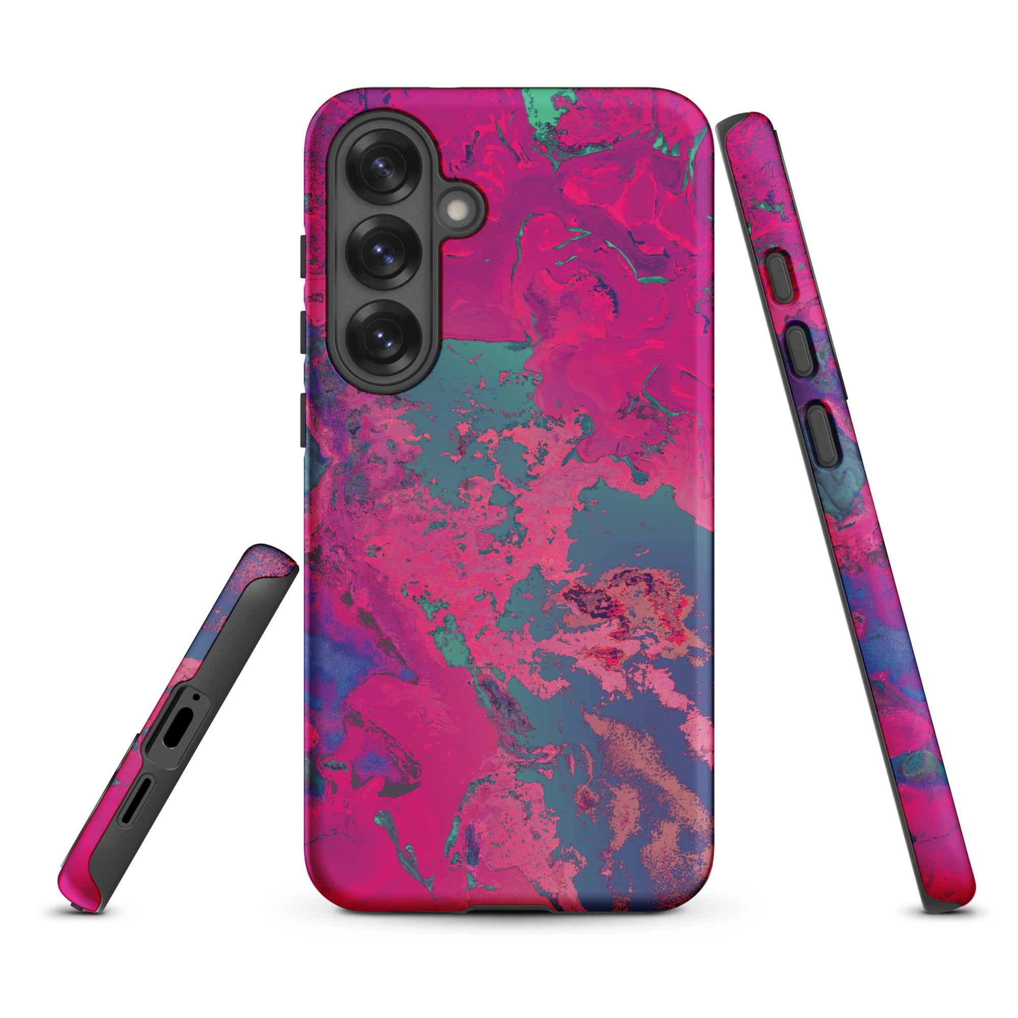 Phone case with a vibrant pink and blue abstract design on a white background