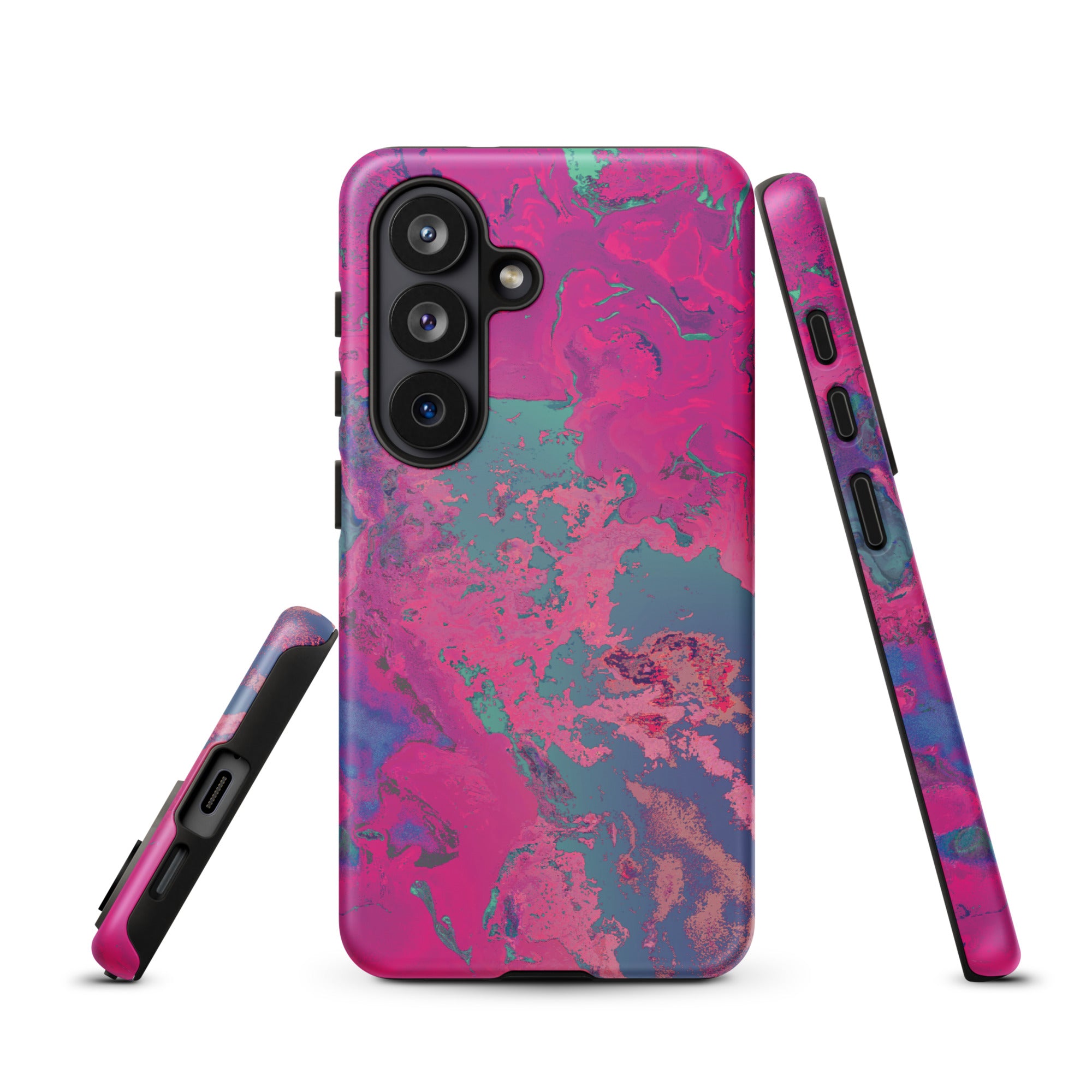 Phone case with pink and blue abstract design on a white background