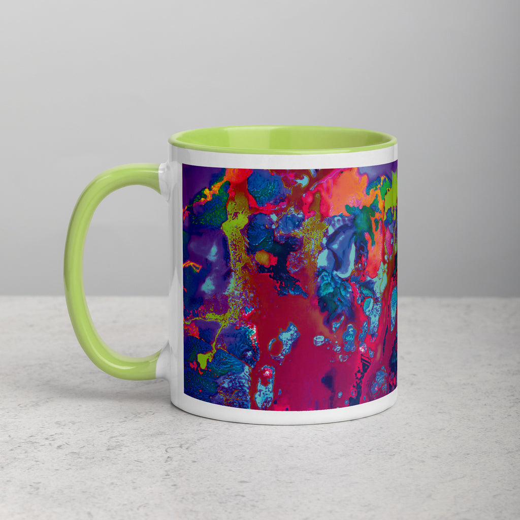 Colorful Abstract Art Ceramic Coffee Mug with Lime Green Color Inside