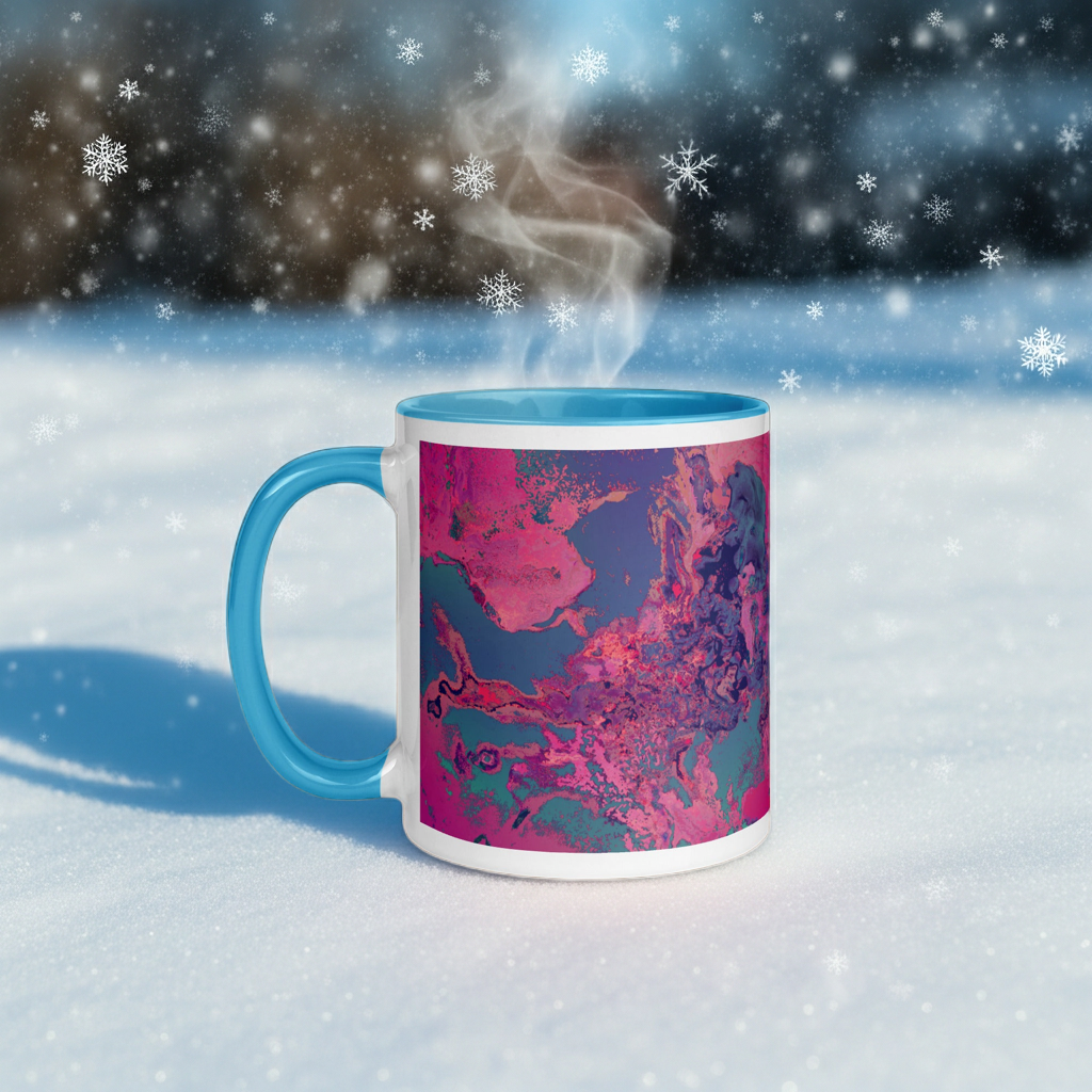 Mug with pink and blue design in a snowy landscape