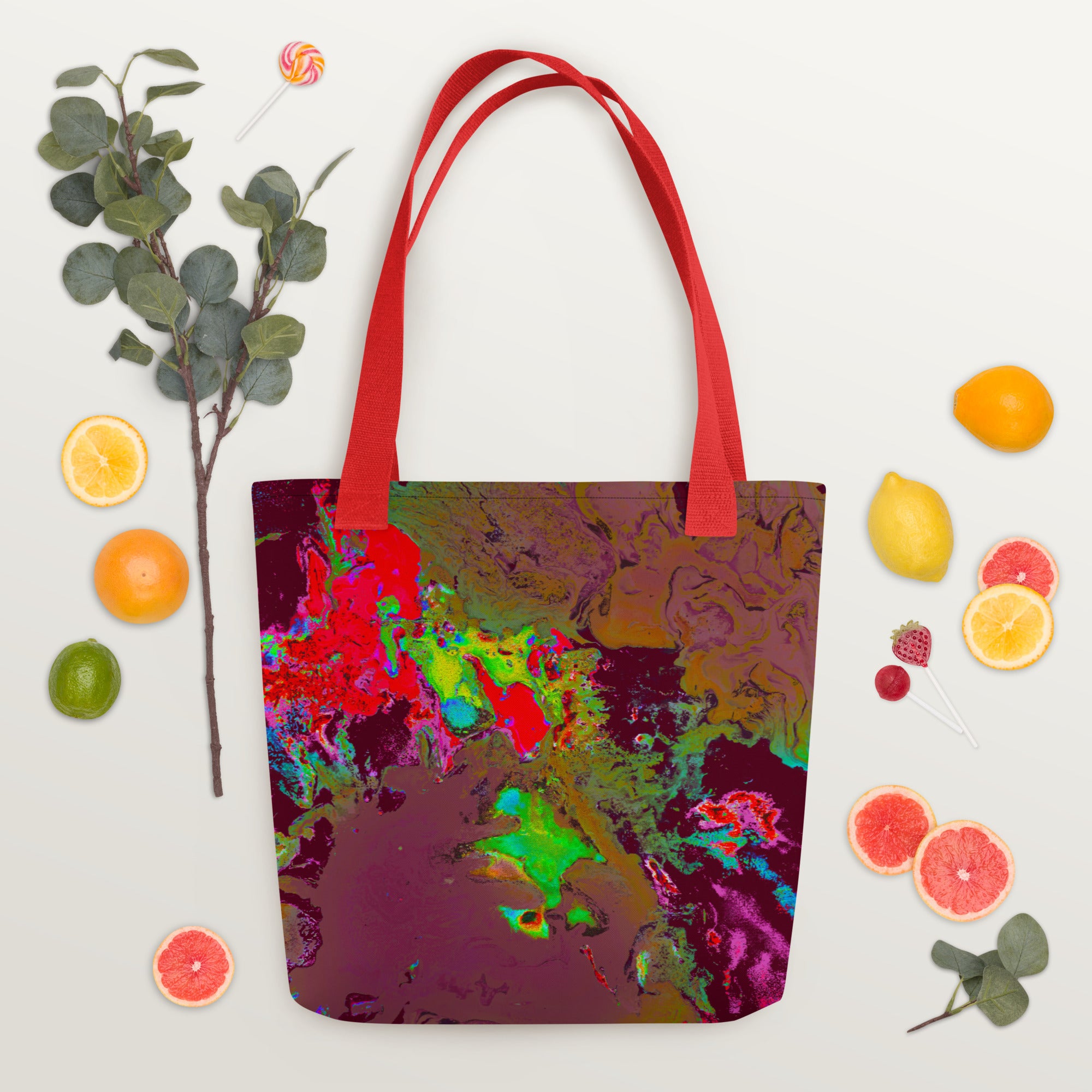 Magenta Abstract Art Tote Bag with Red Handle