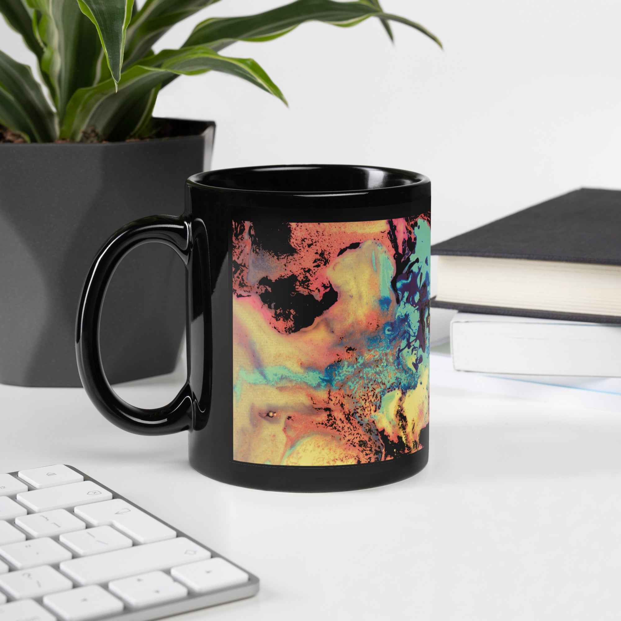 Yellow Abstract Art Black Ceramic Mug
