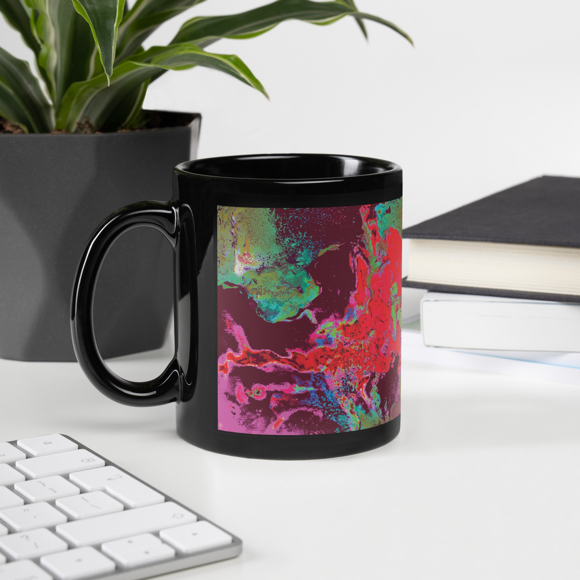 Maroon Abstract Art Black Ceramic Coffee Mug