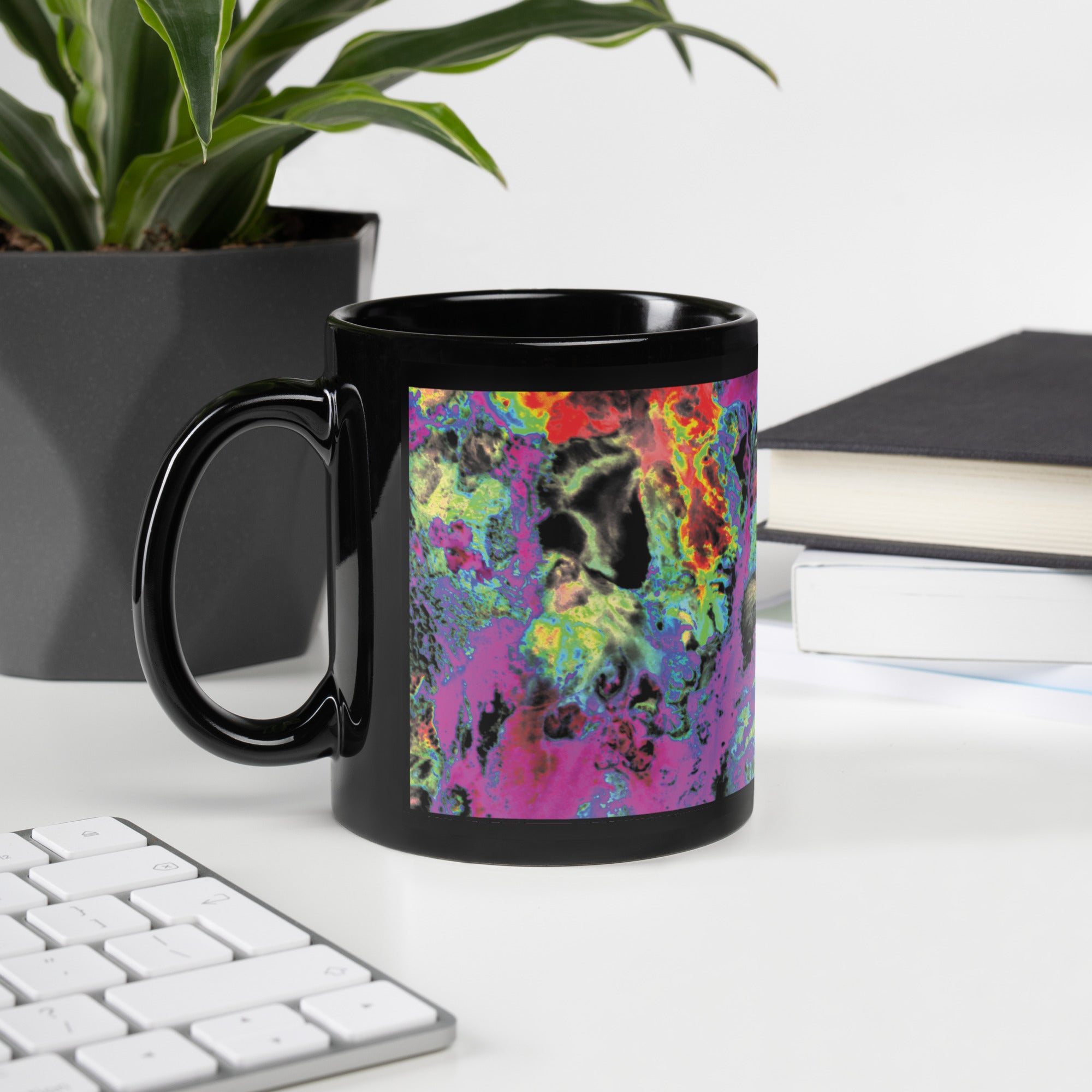 Magenta Abstract Art Black Ceramic Coffee Mug