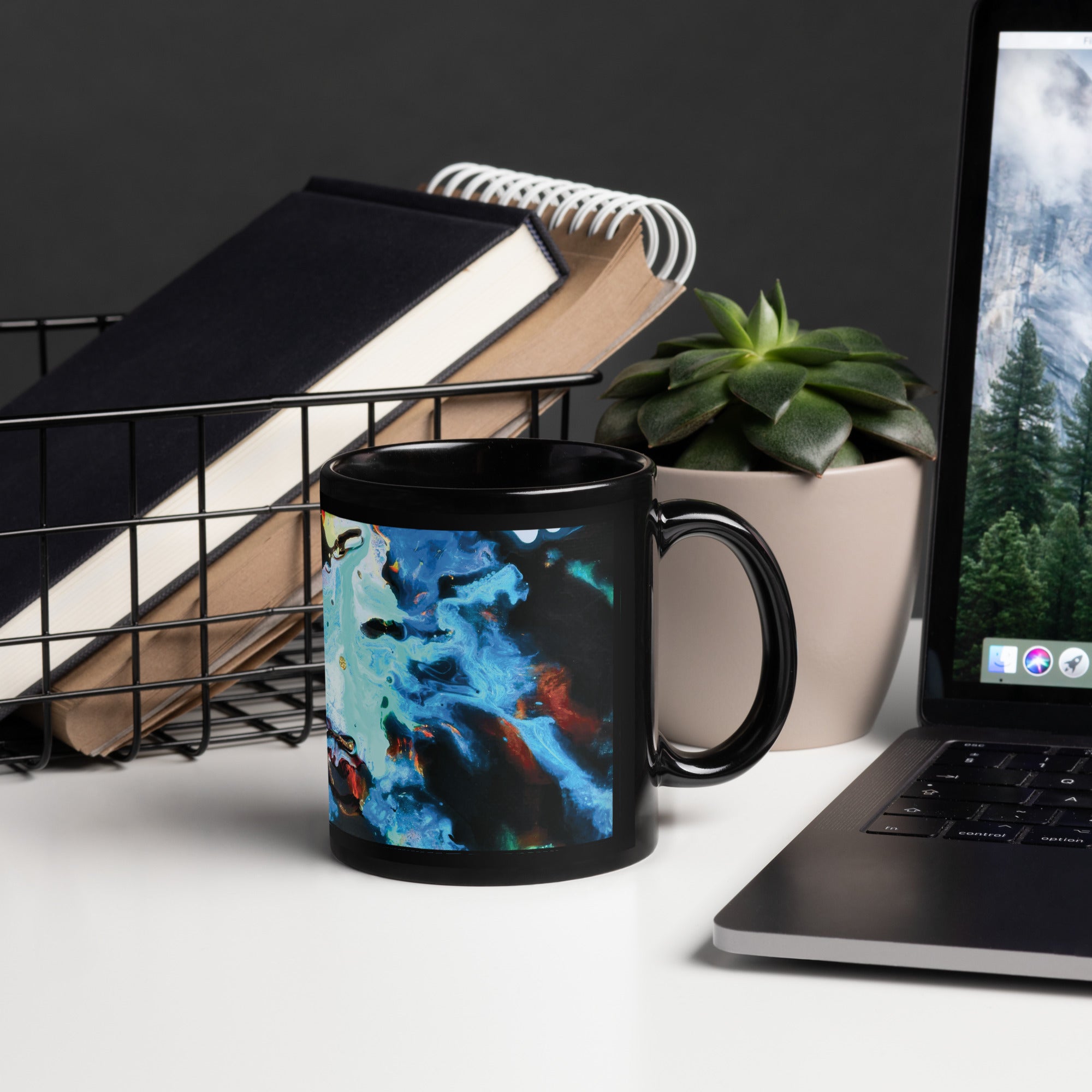 Aqua Abstract Art Black Ceramic Coffee Mug