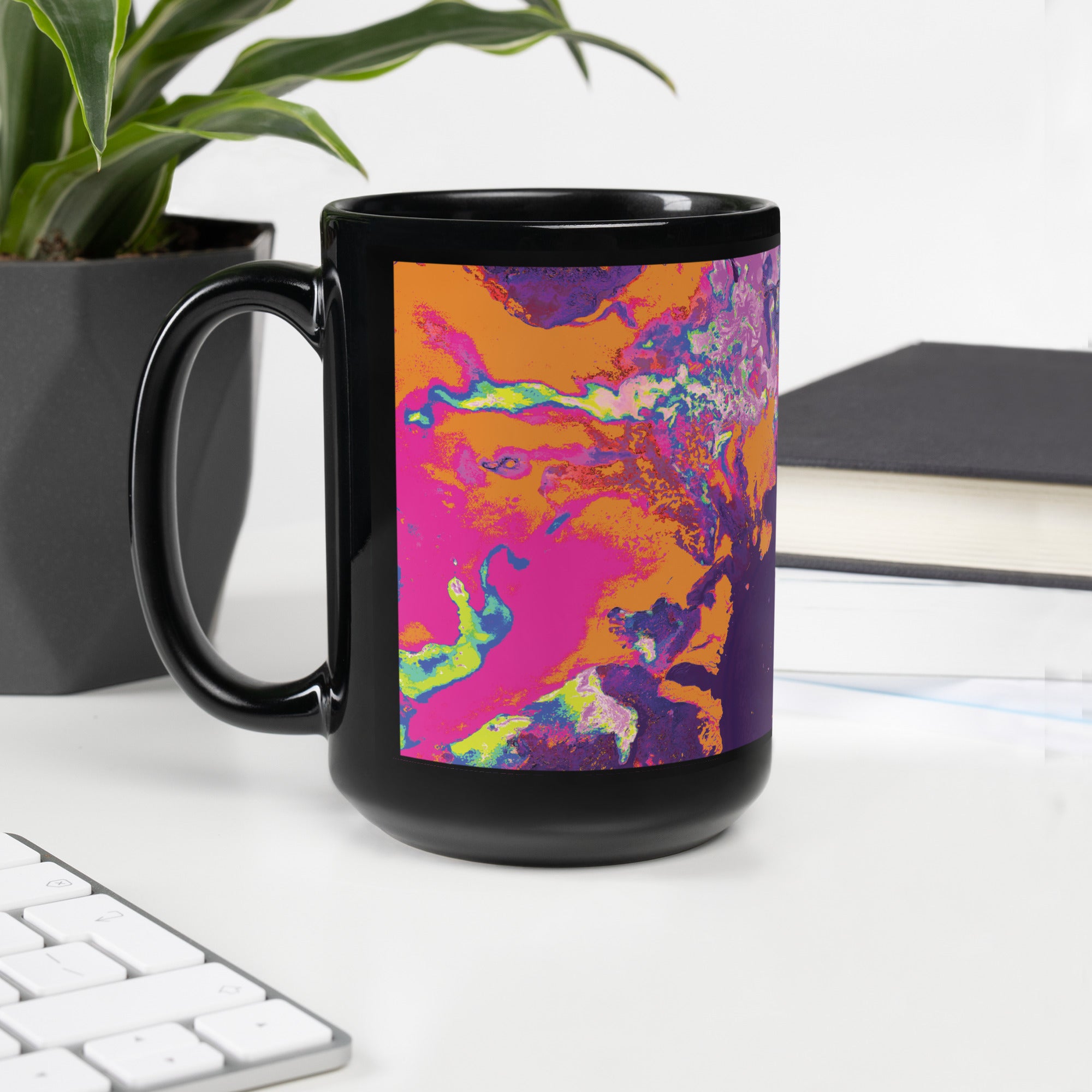 Magenta Pink Abstract Art Black Glossy Ceramic Mug