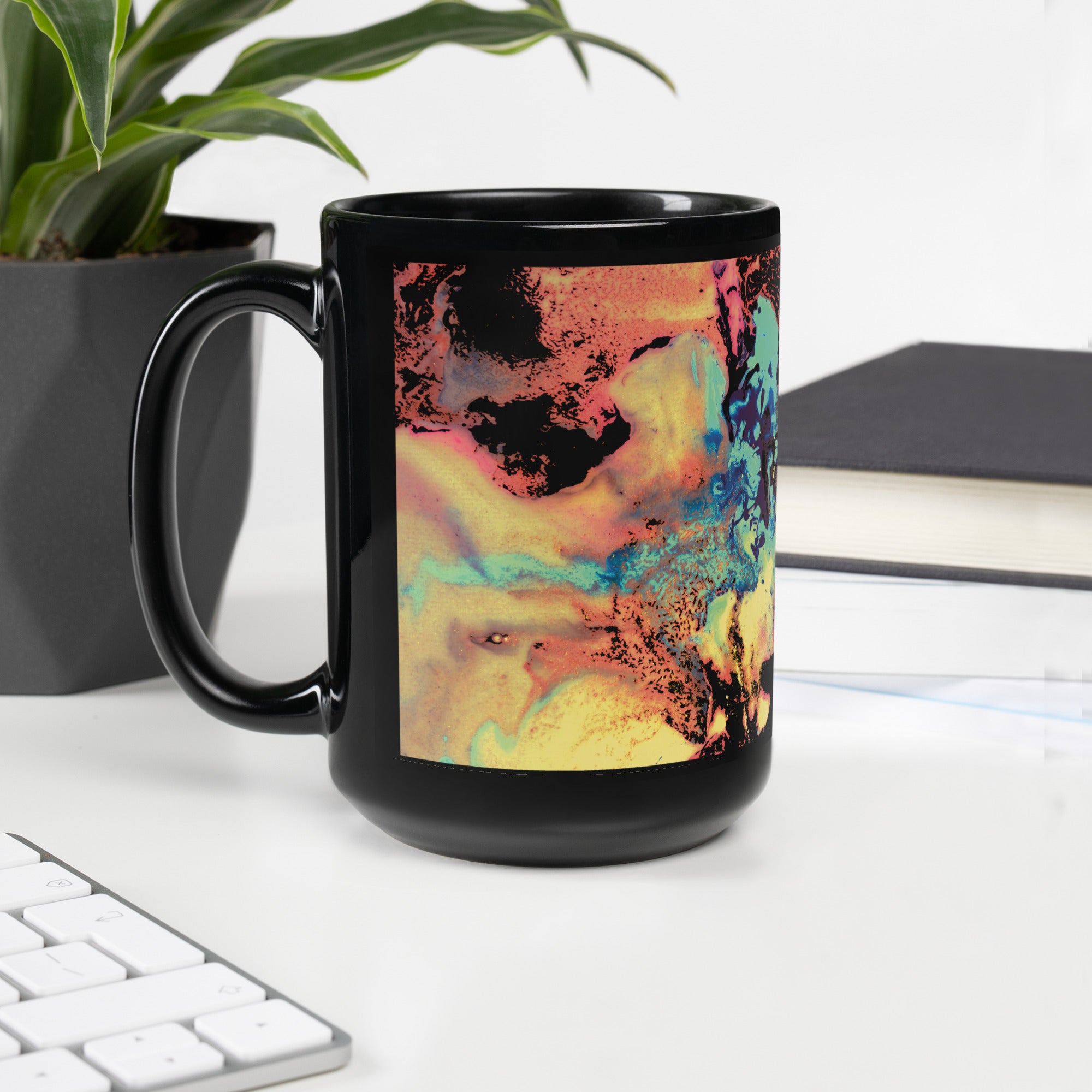 Yellow Abstract Art Black Ceramic Mug