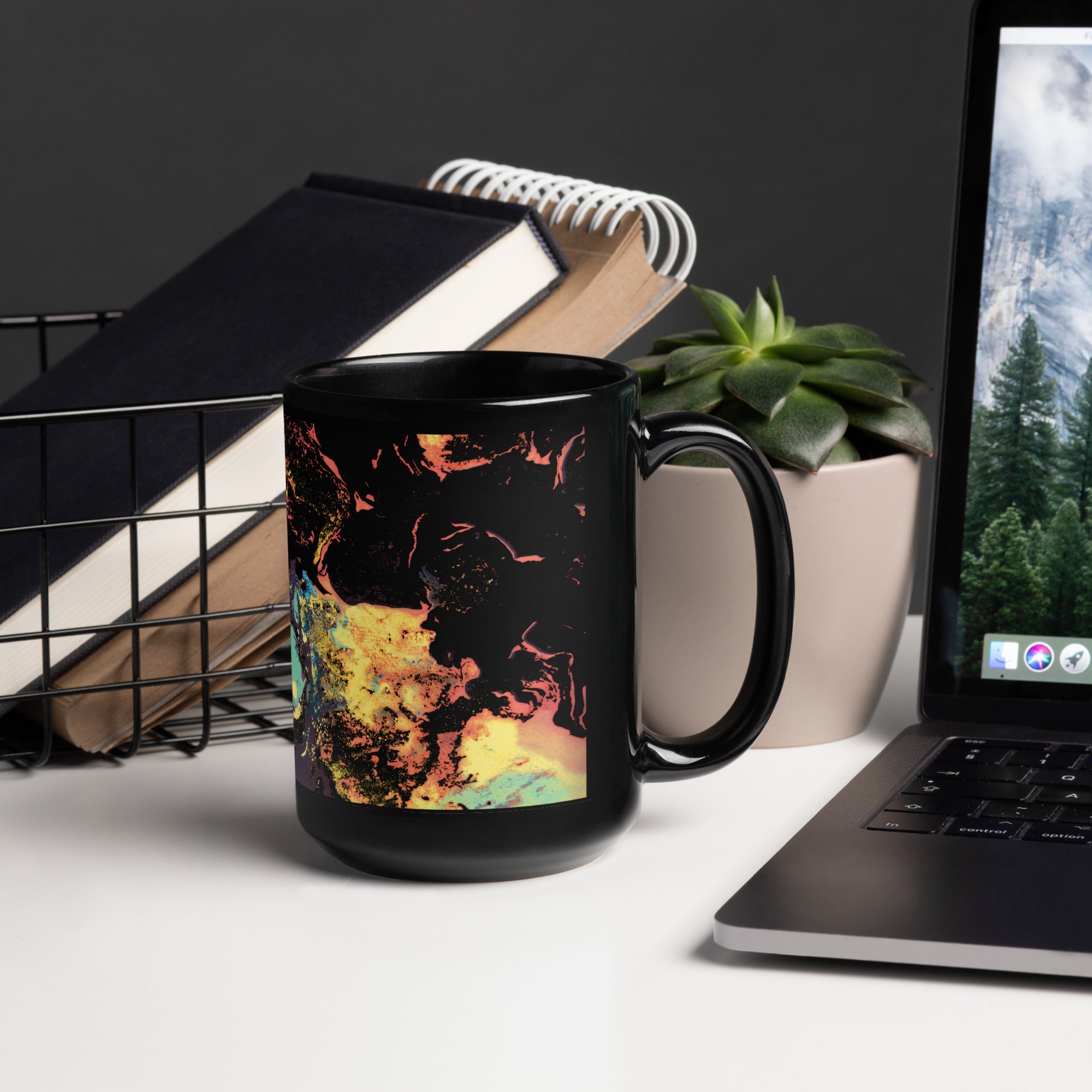 Yellow Abstract Art Black Ceramic Mug