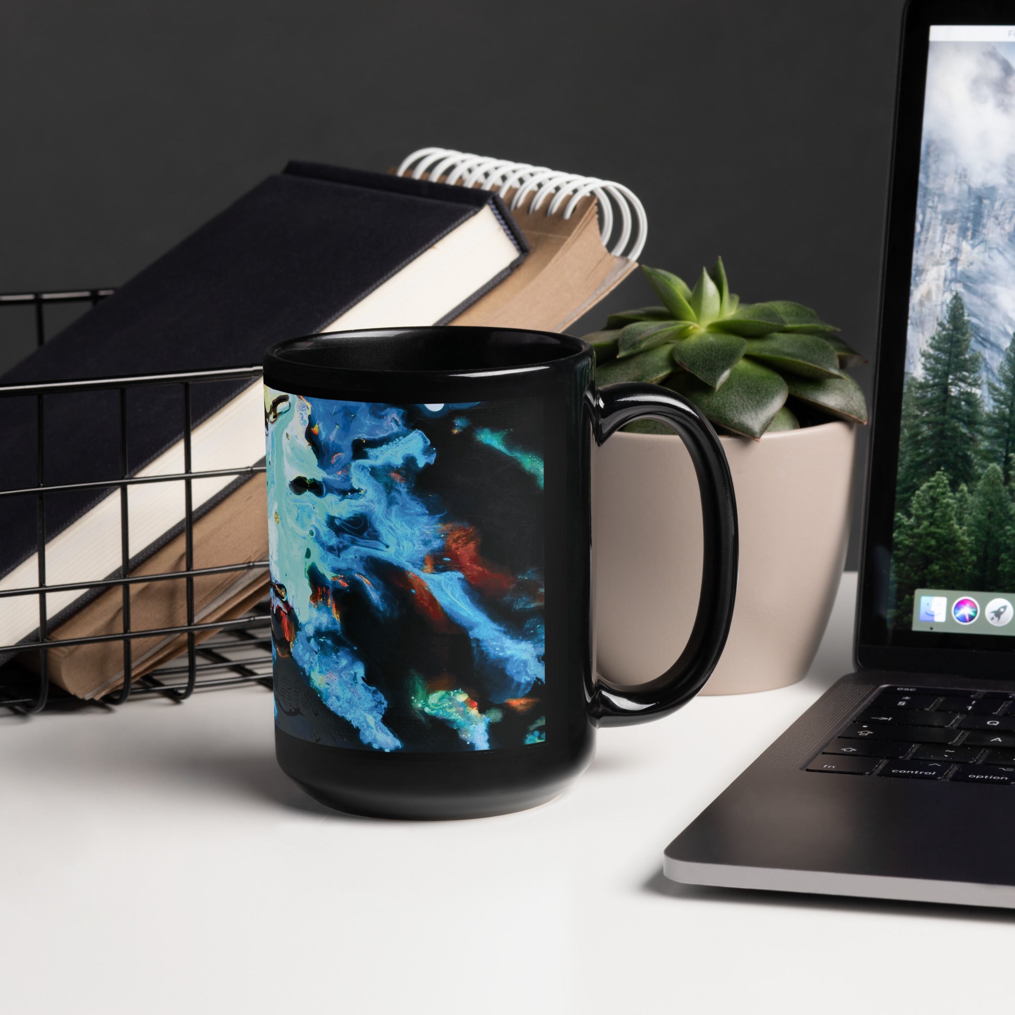 Aqua Abstract Art Black Ceramic Coffee Mug