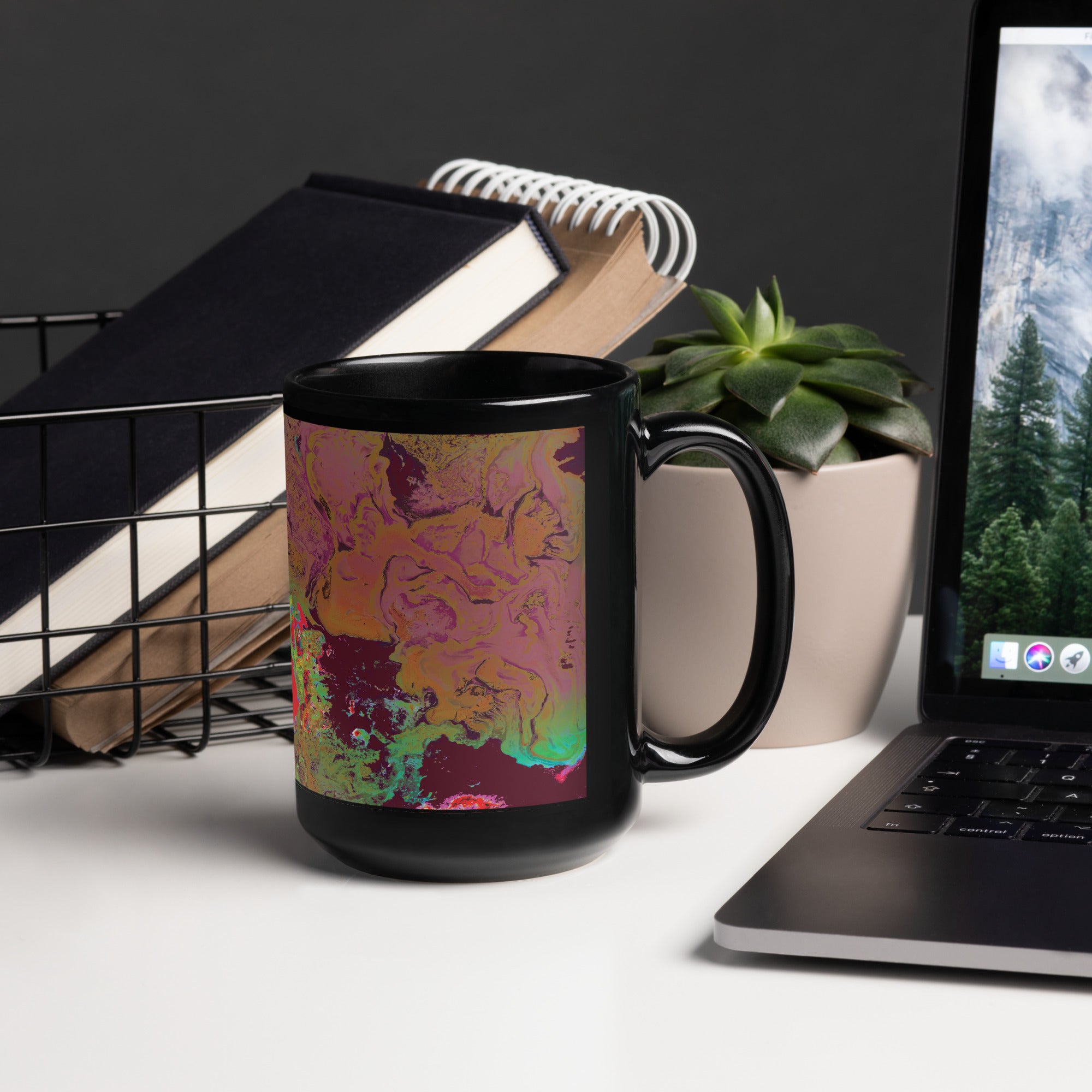 Maroon Abstract Art Black Ceramic Coffee Mug