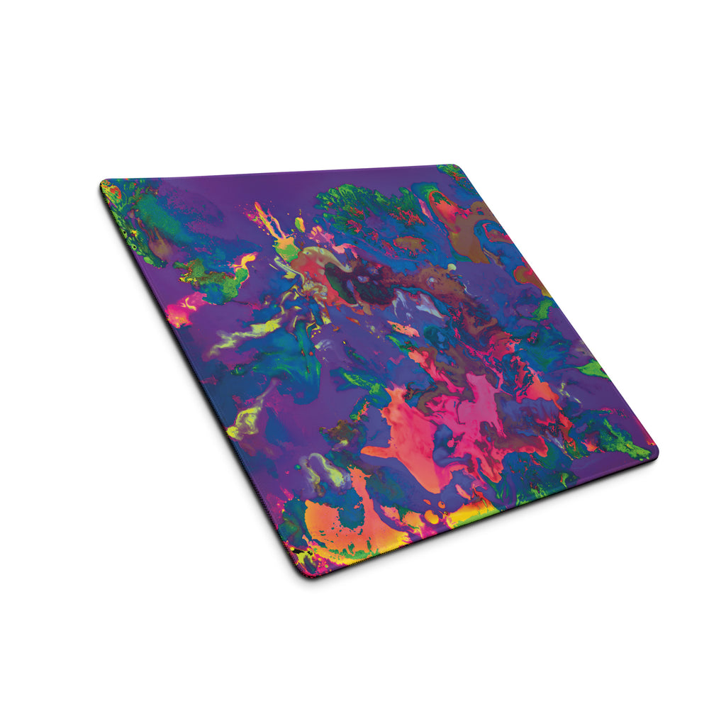 Colorful abstract design on a rectangular mouse pad with a white background
