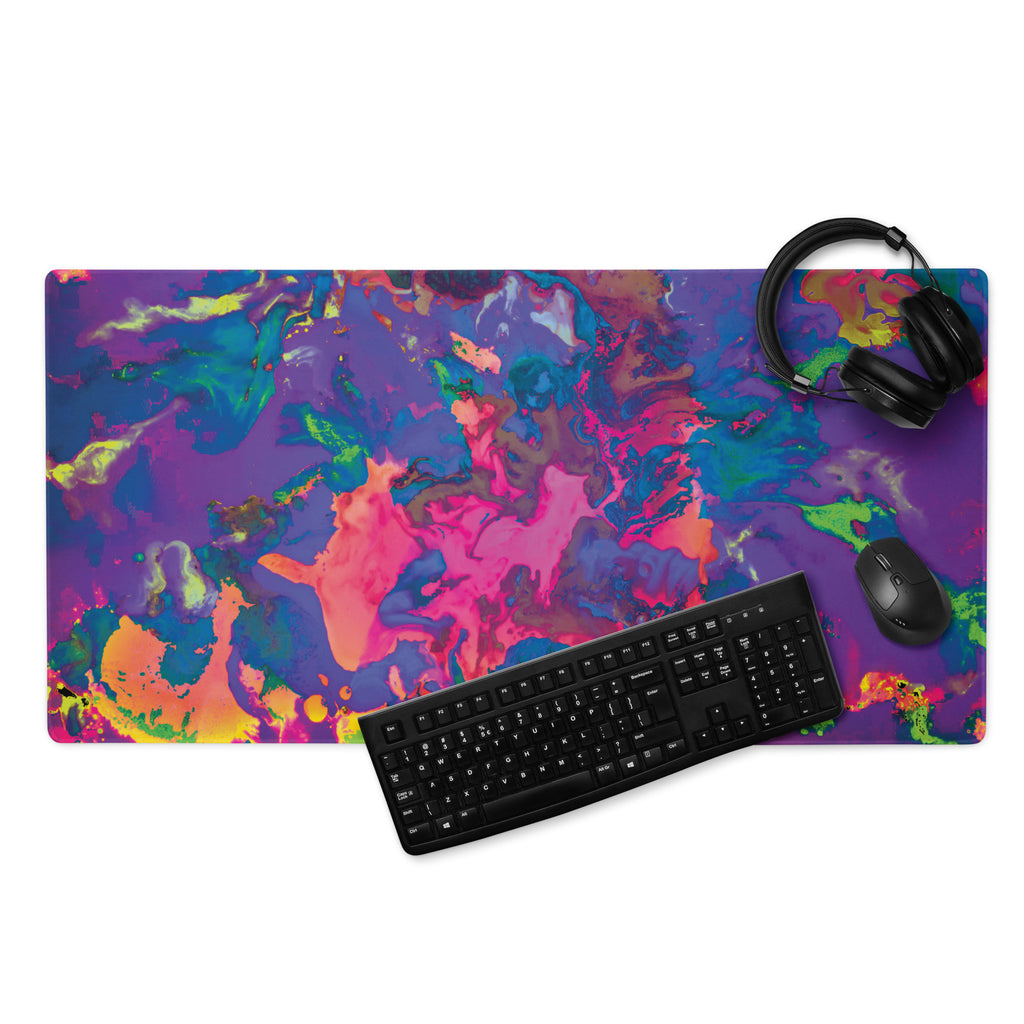 Colorful gaming mouse pad with a keyboard, mouse, and headset on a white background