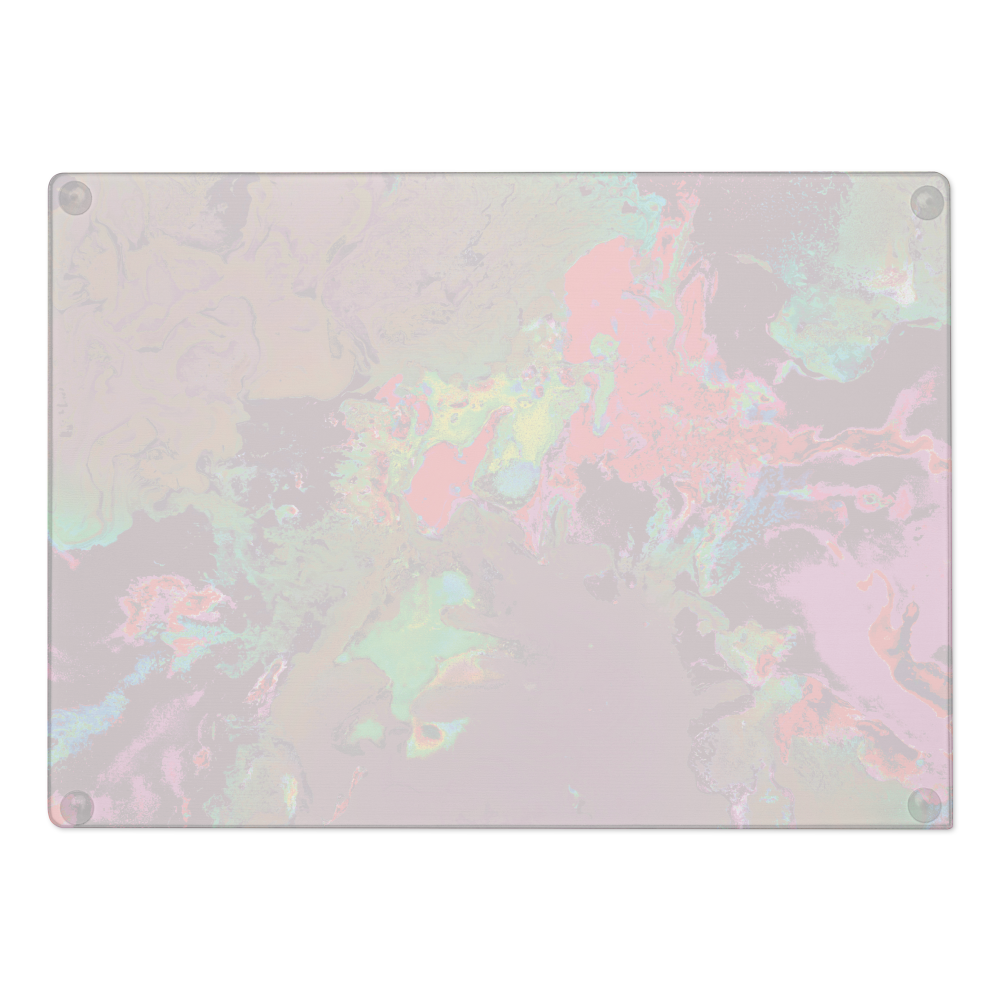 Rectangular glass cutting board with a colorful abstract pattern on a white background
