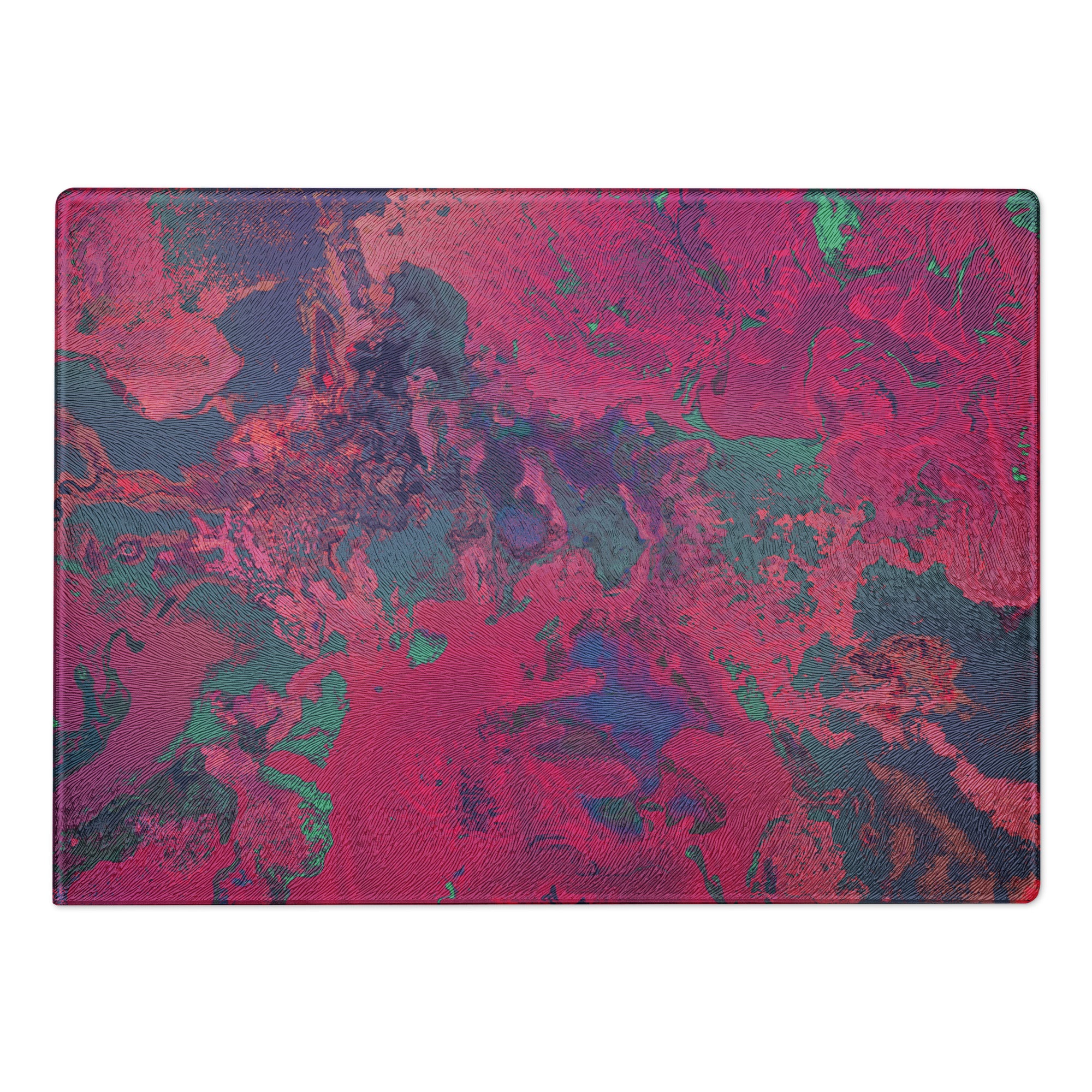 Abstract design with pink, purple, and green colors on a white background