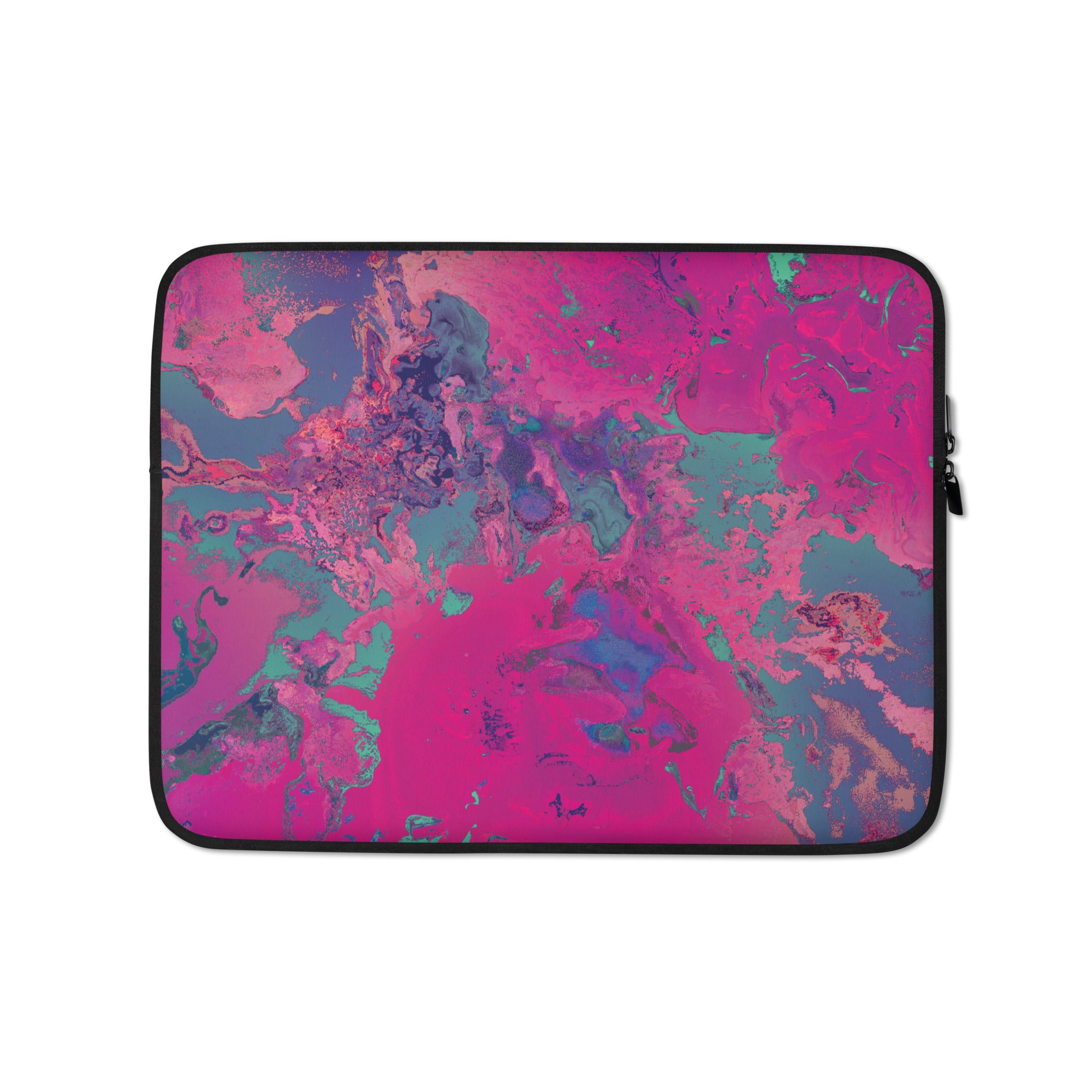 Laptop sleeve with a magenta and blue abstract pattern on a white background