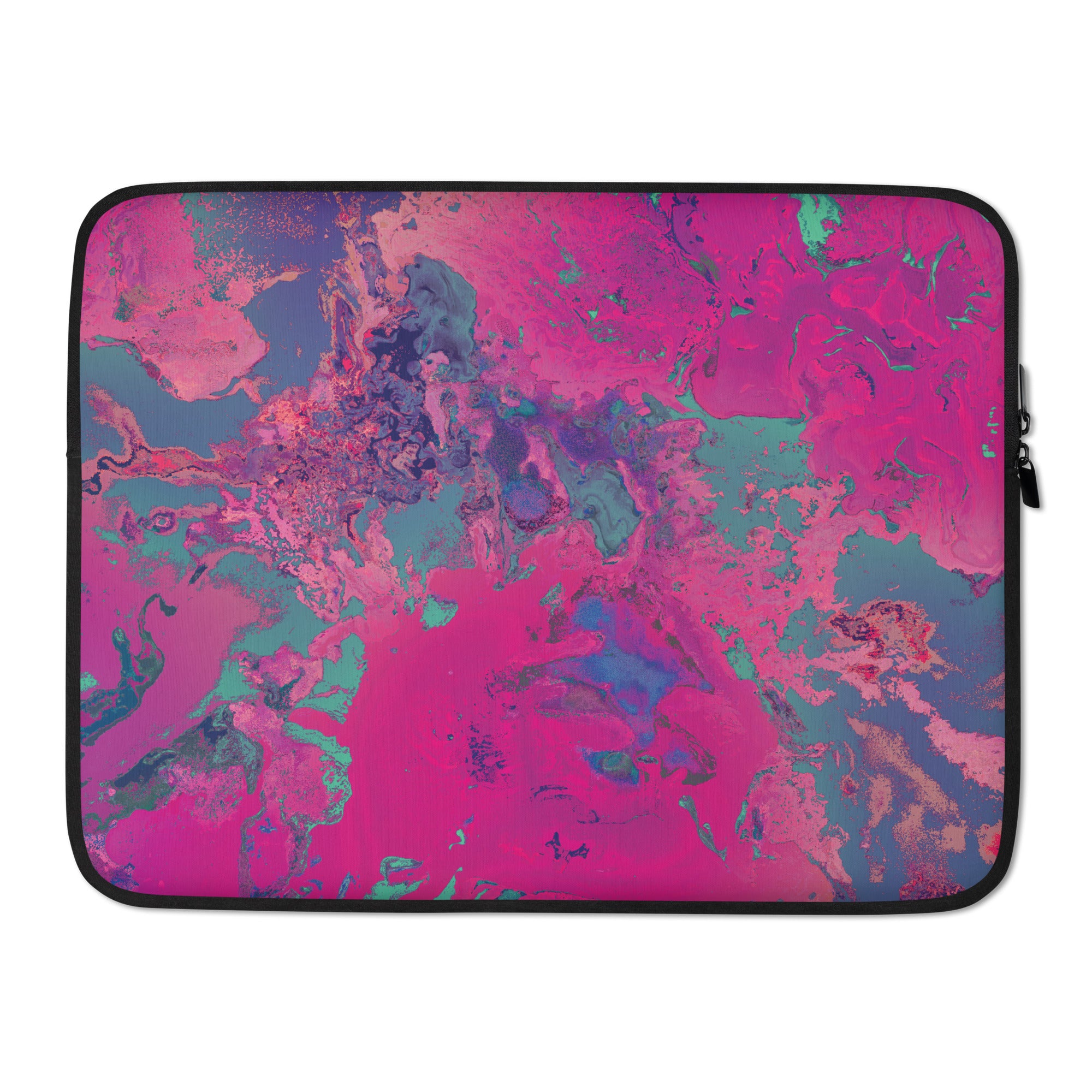Laptop sleeve with a magenta and blue abstract pattern on a white background