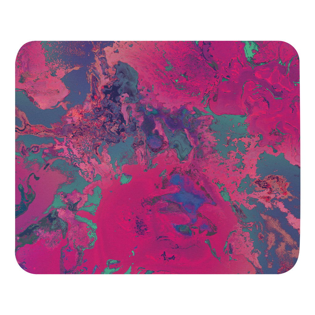 Colorful abstract mouse pad with pink, blue, and green patterns on a white background