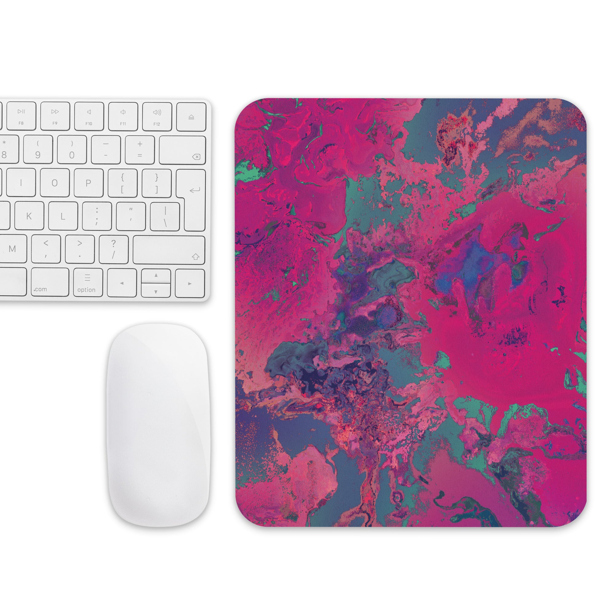 Colorful abstract mouse pad with keyboard and mouse on a white background