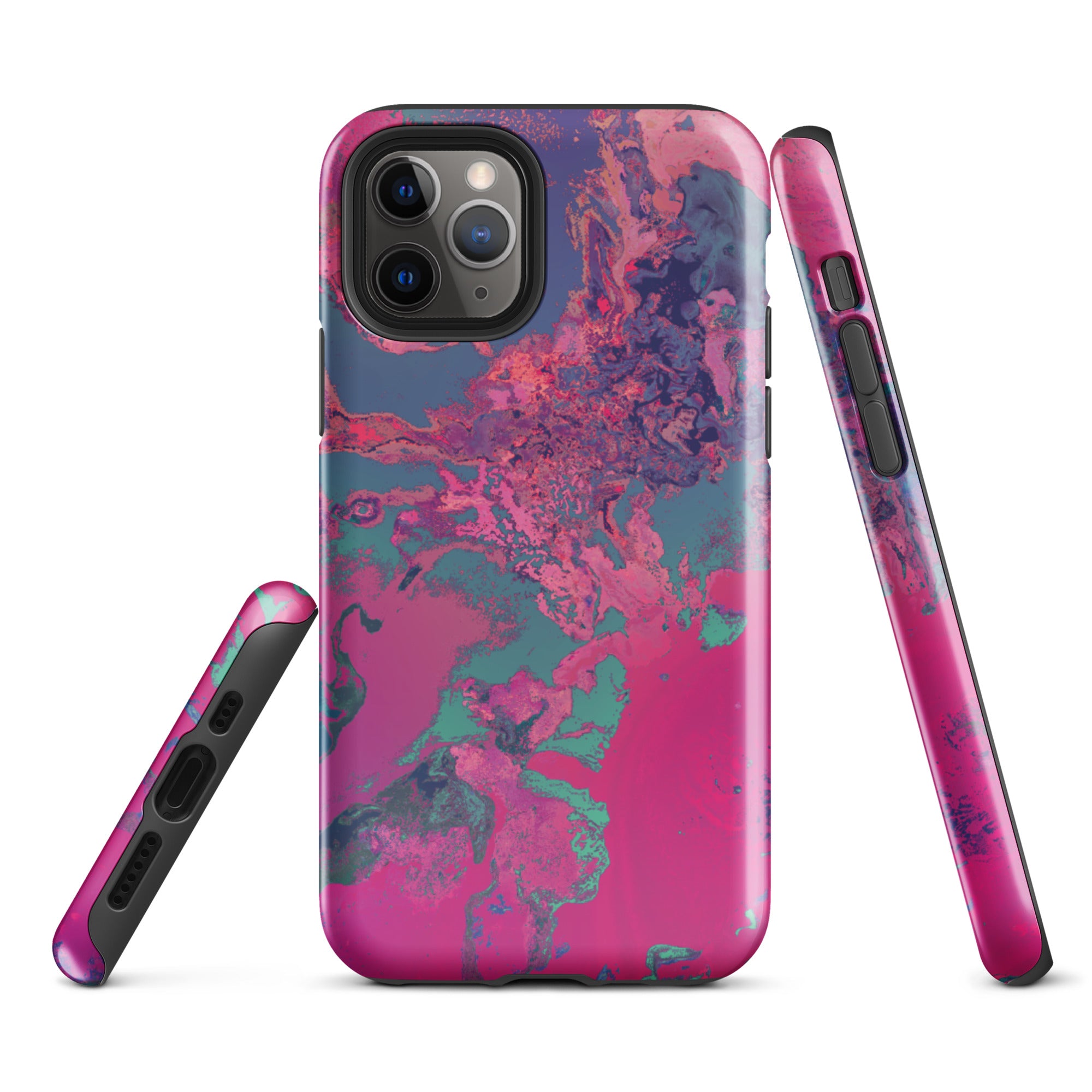 Phone case with pink and blue marbled pattern on a white background