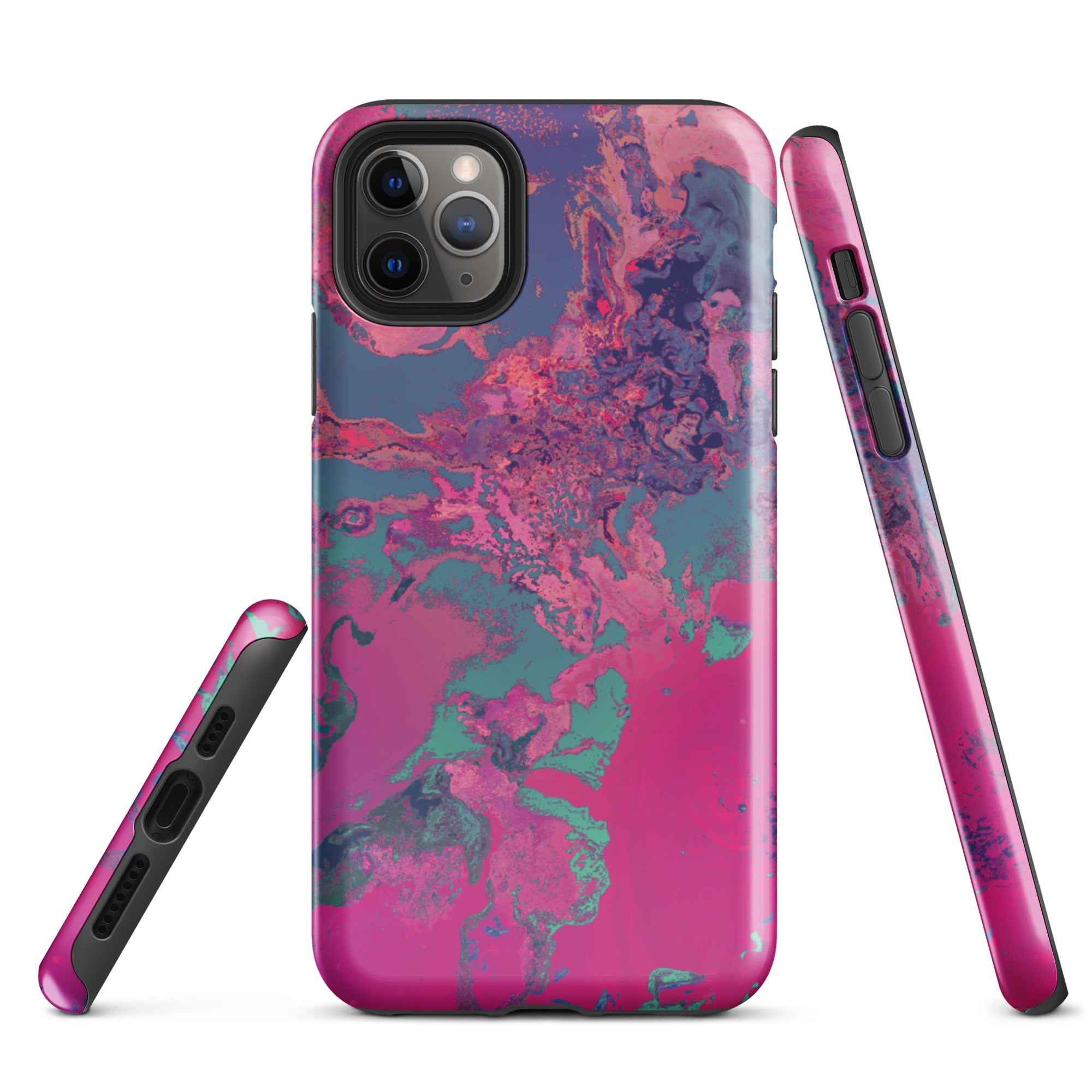 Phone case with pink and blue abstract design on a white background