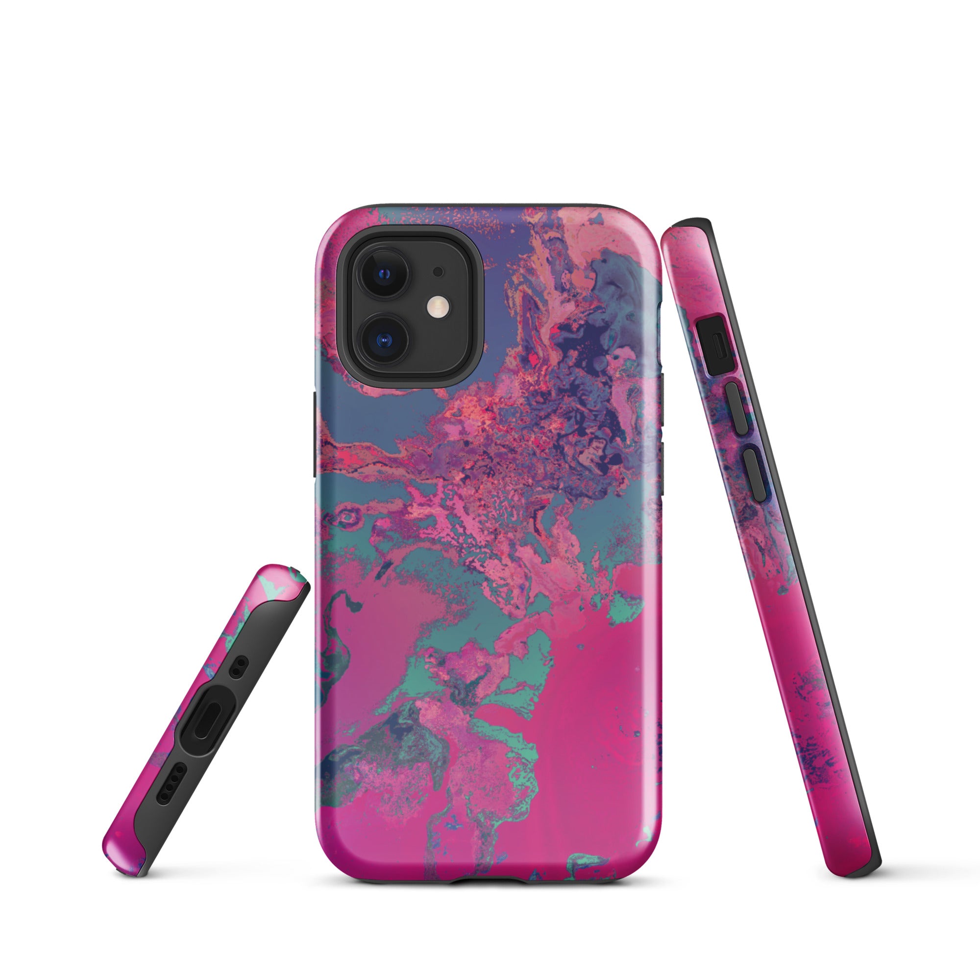 Phone case with pink and purple marbled design on a white background