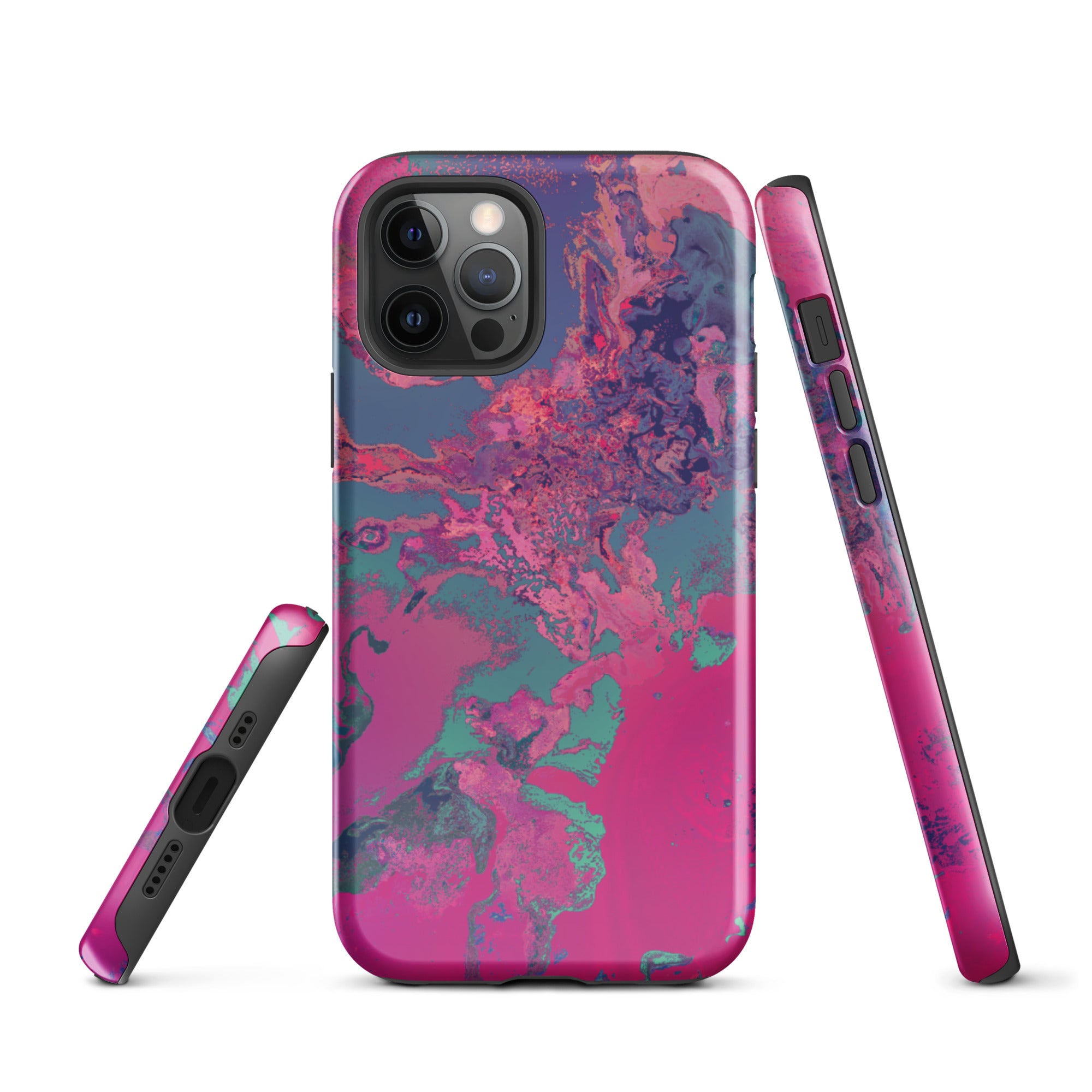Phone case with pink and blue marbled pattern on a white background
