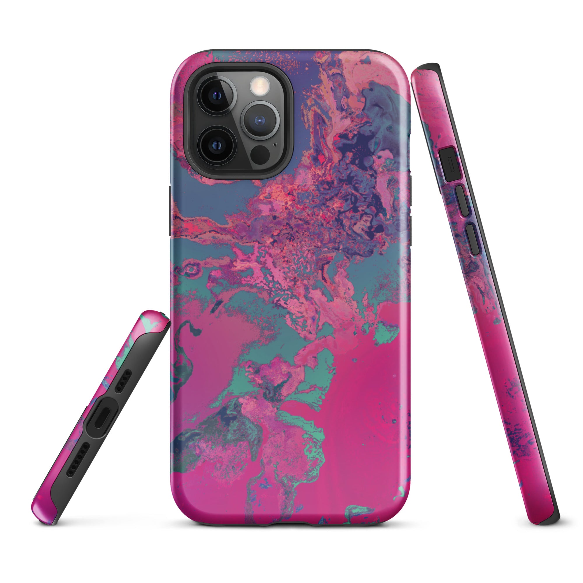 Phone case with pink and blue marbled pattern on a white background