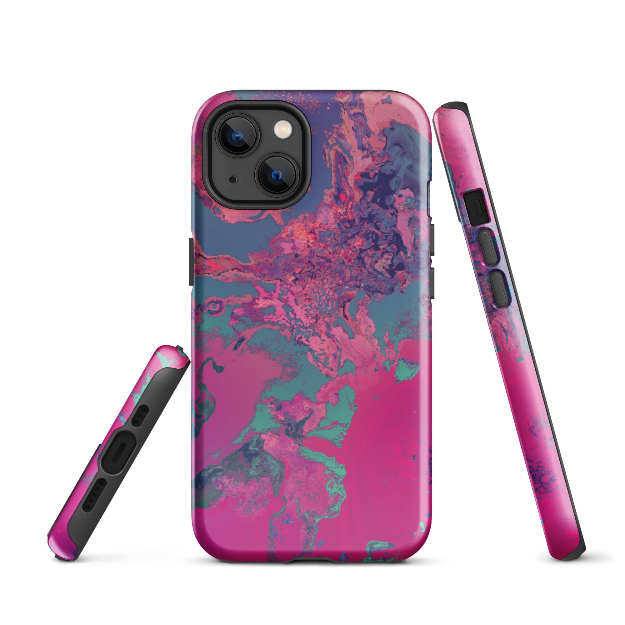 Phone case with pink and purple marbled design on a white background