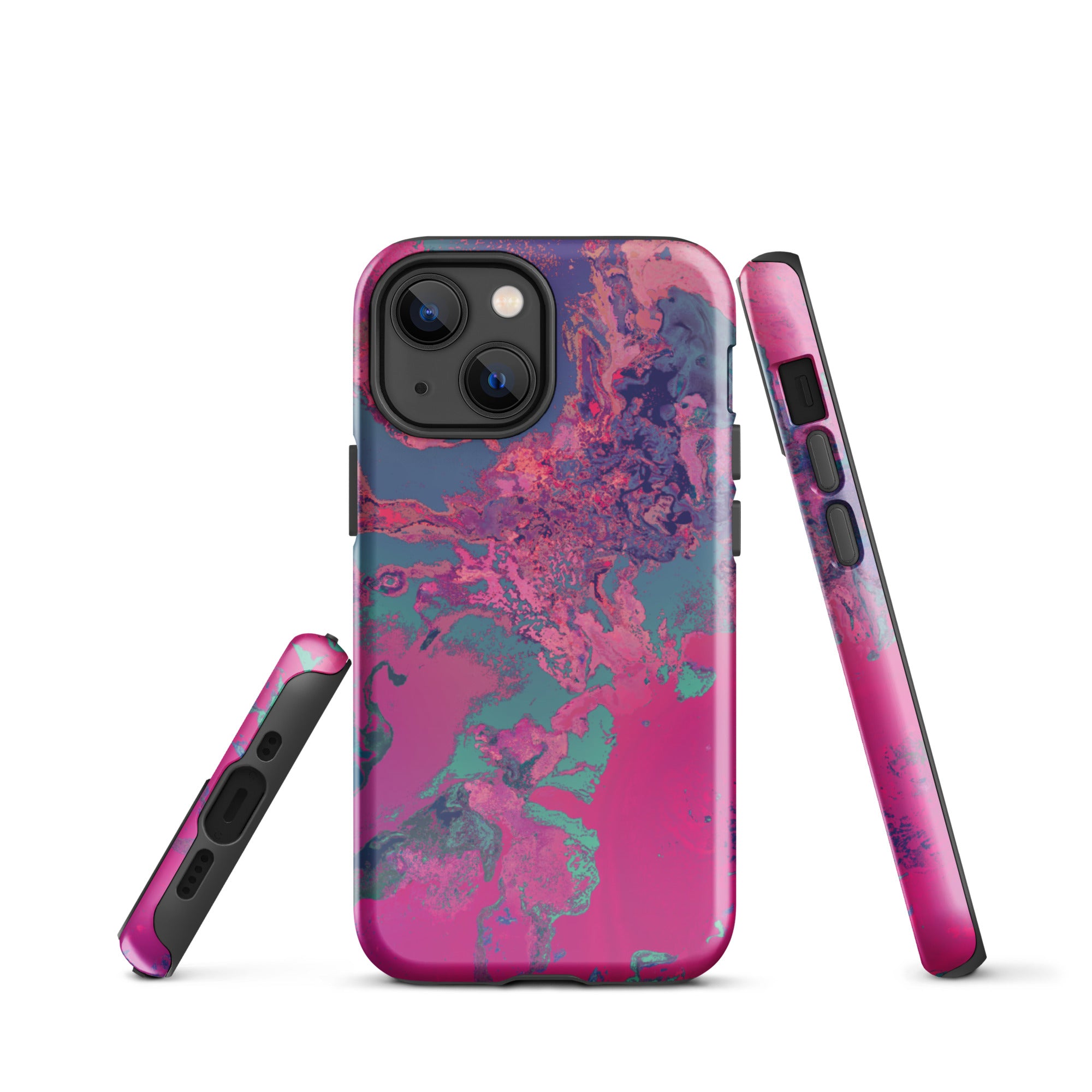 Phone case with pink and blue marbled pattern on a white background