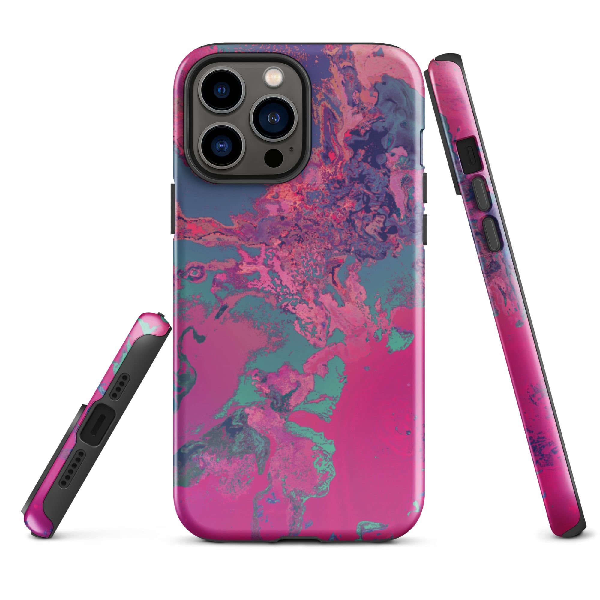 Phone case with pink and blue marbled pattern on a white background
