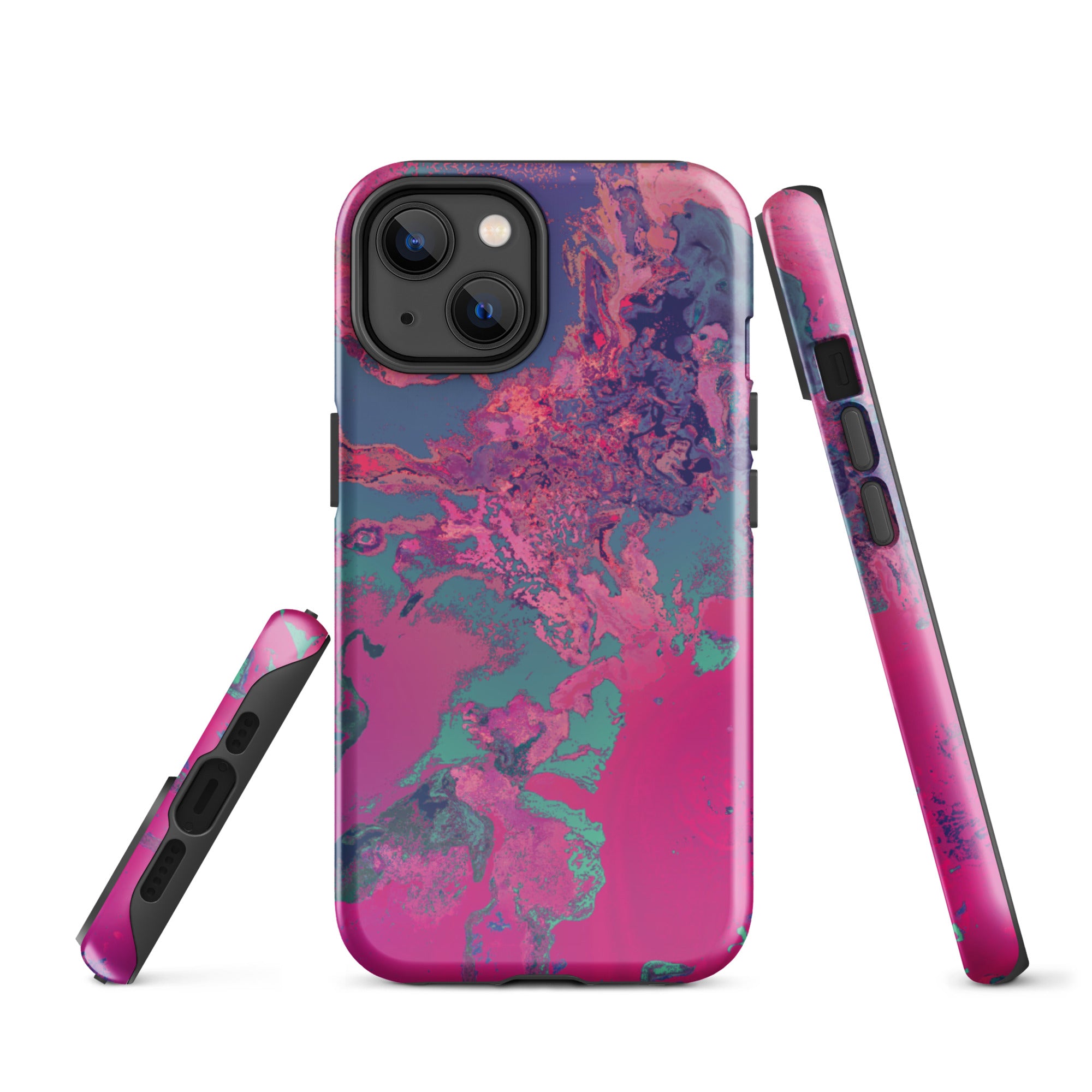 Phone case with pink and purple marbled design on a white background