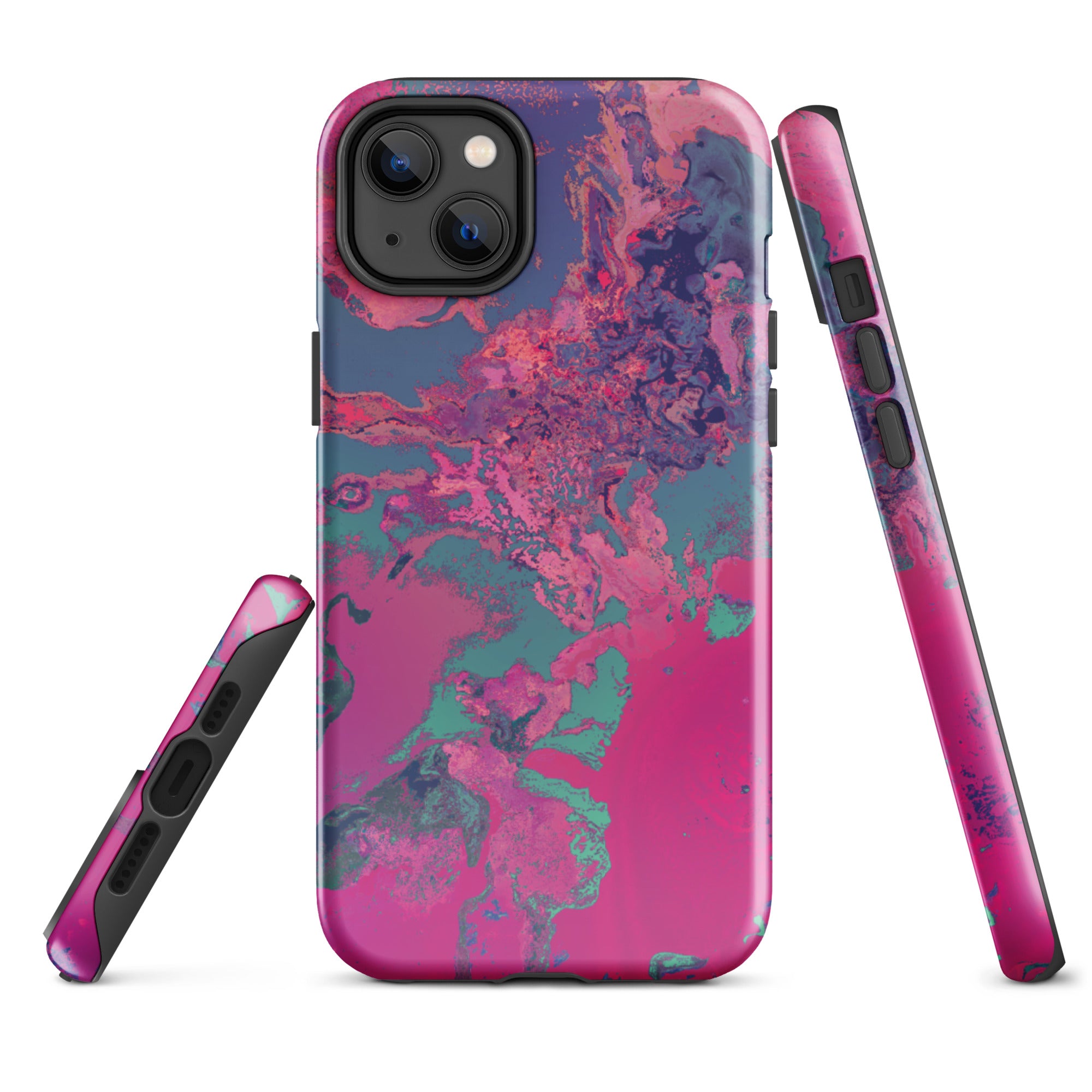 Phone case with pink and blue marbled pattern on a white background