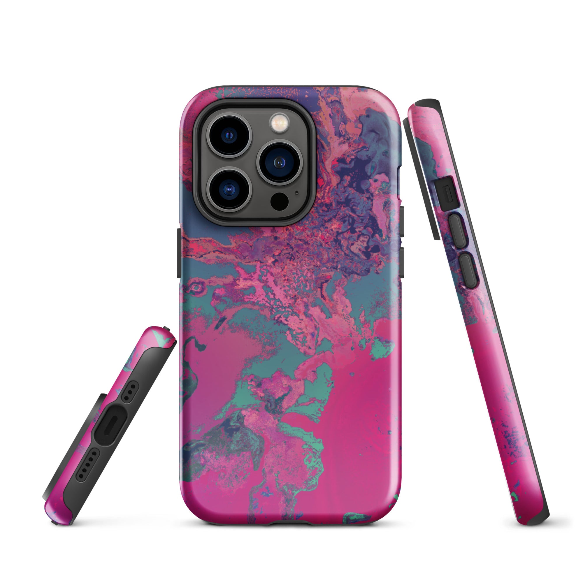 Phone case with pink and blue marbled pattern on a white background