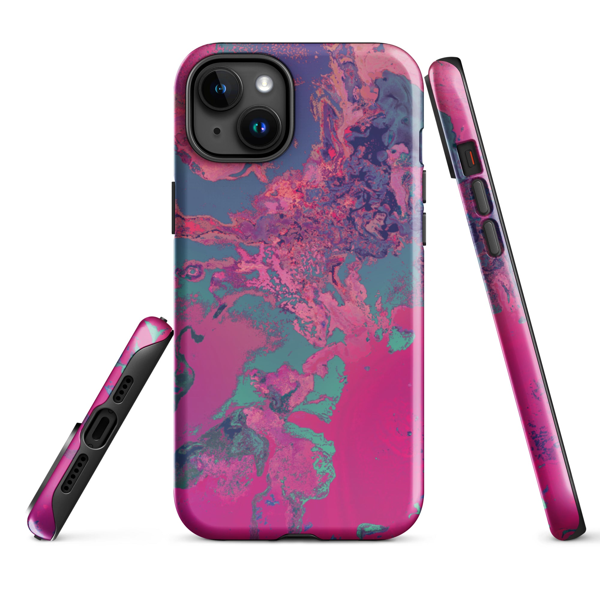 Phone case with pink and purple marbled design on a white background