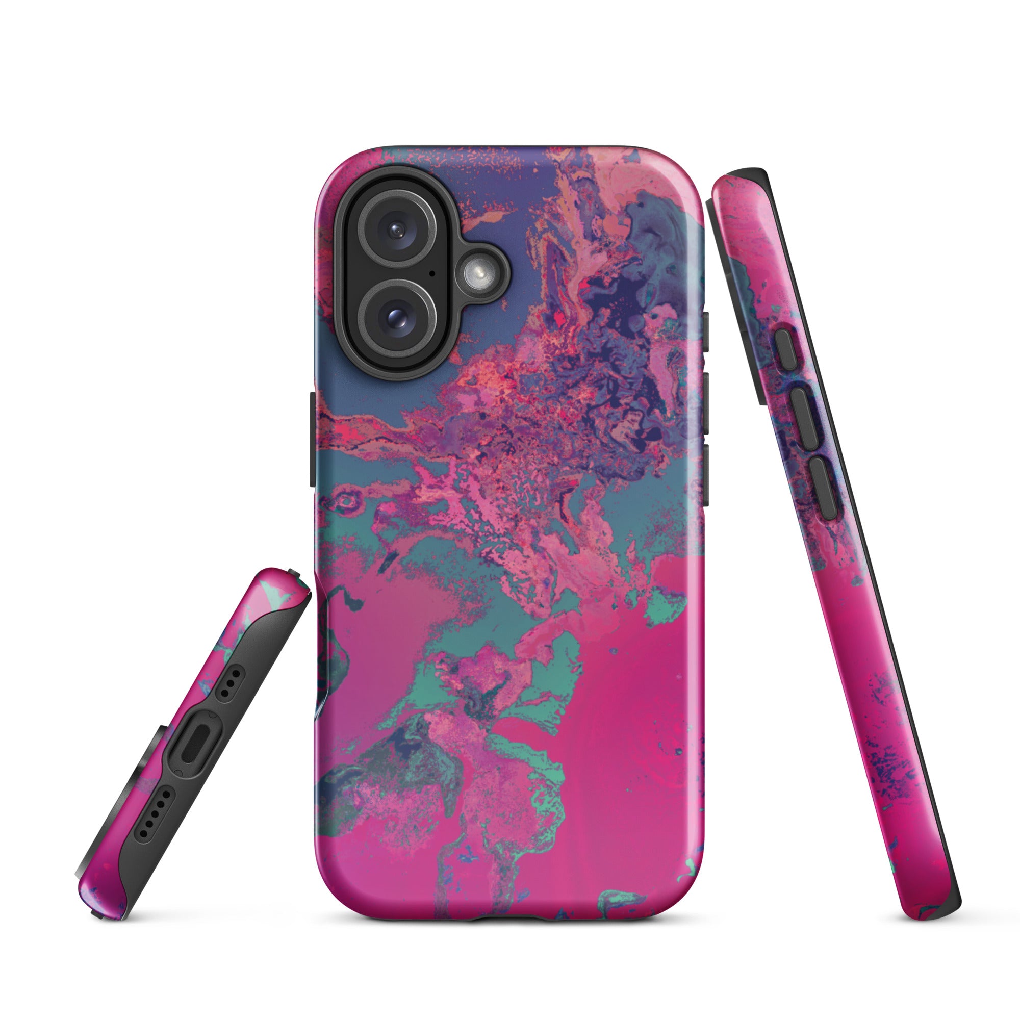 Phone case with pink and blue abstract design on a white background