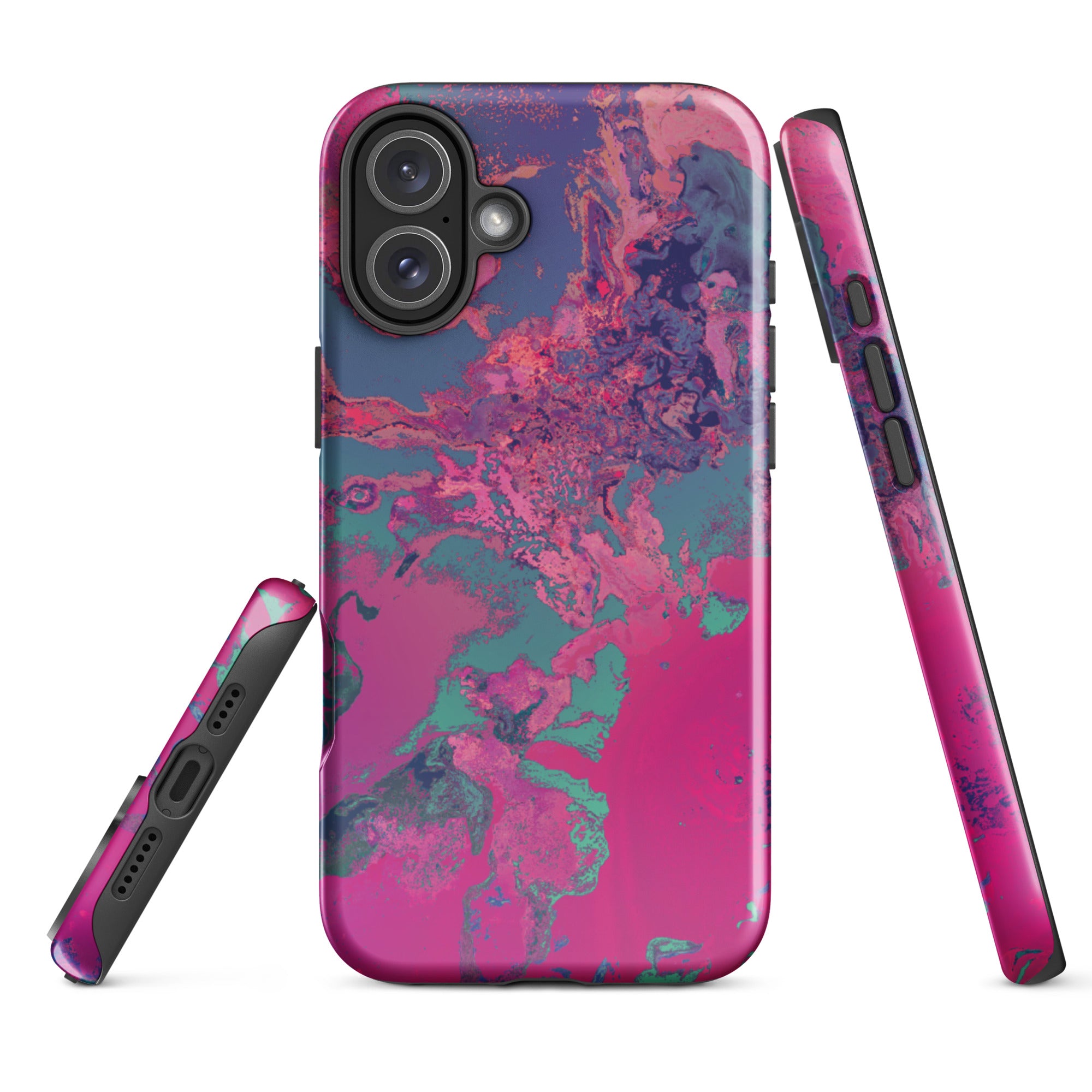 Phone case with pink and blue marbled pattern on a white background