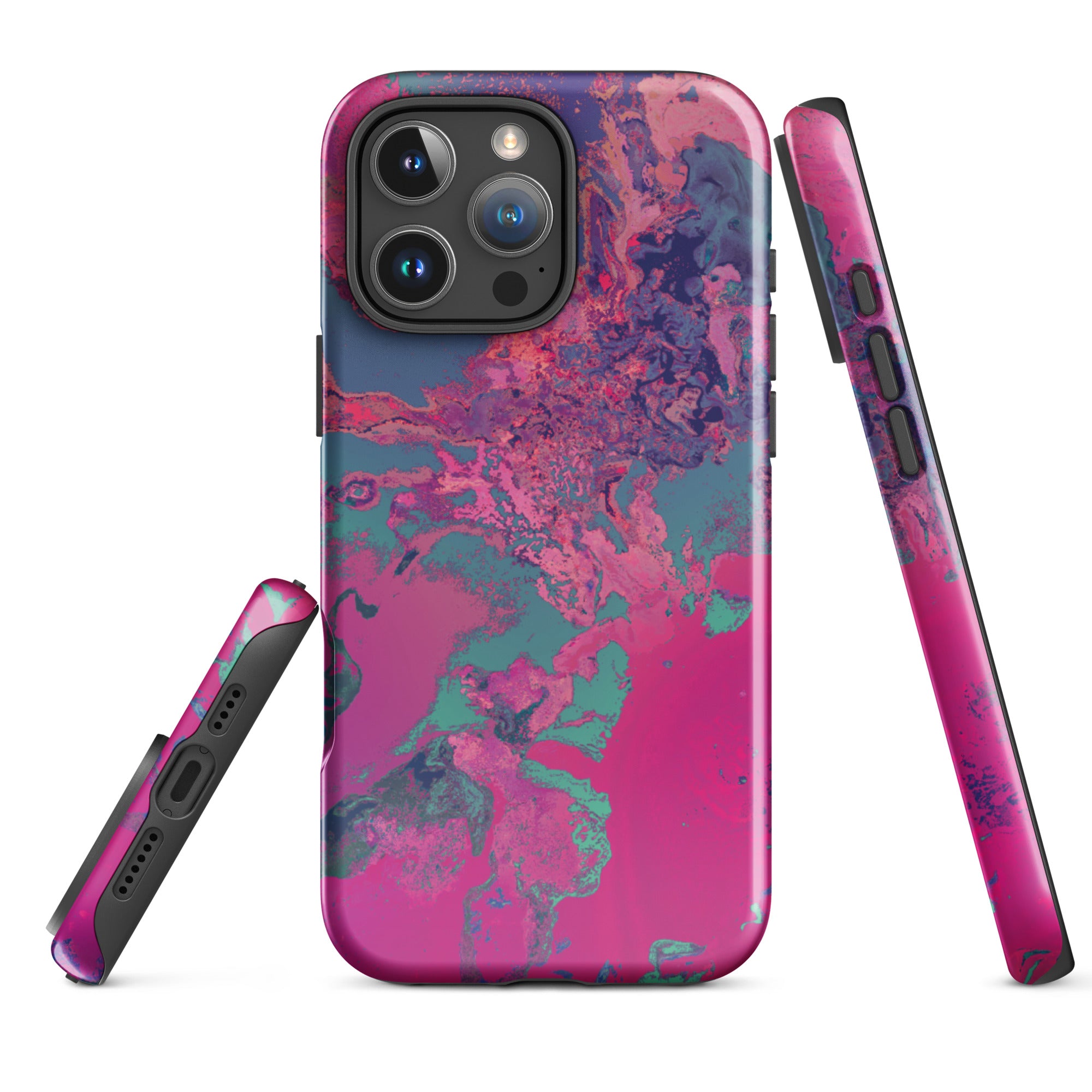 Phone case with pink and purple marbled design on a white background