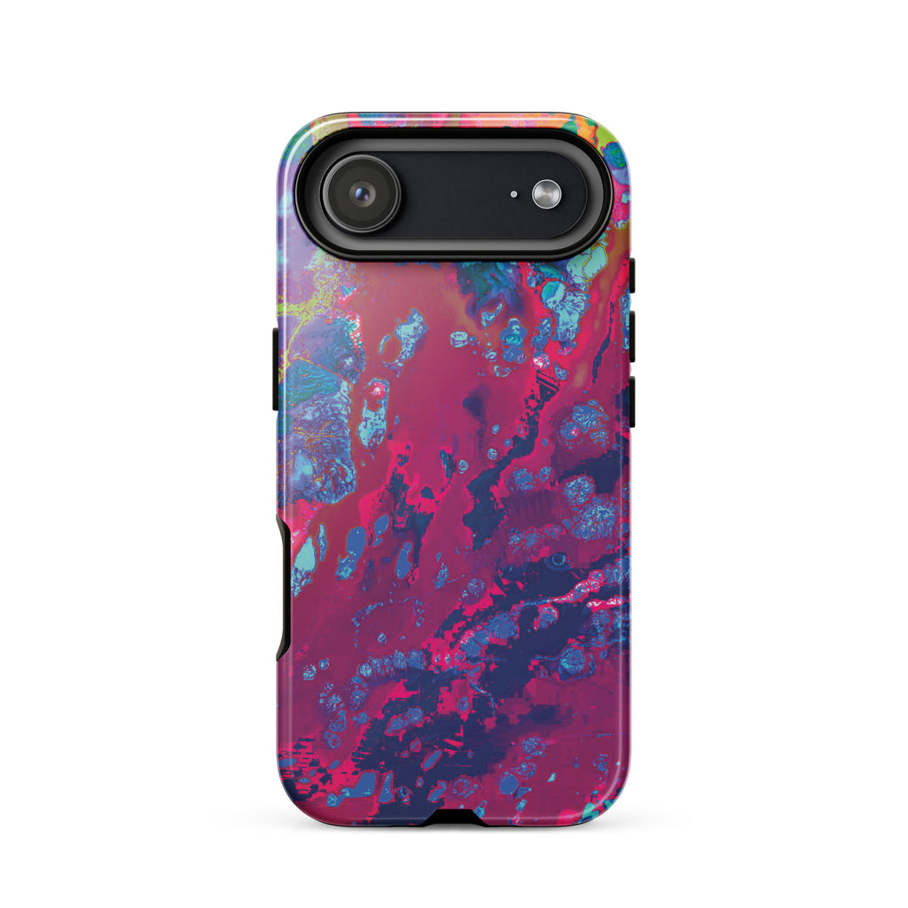 Phone case with a colorful abstract design on a white background