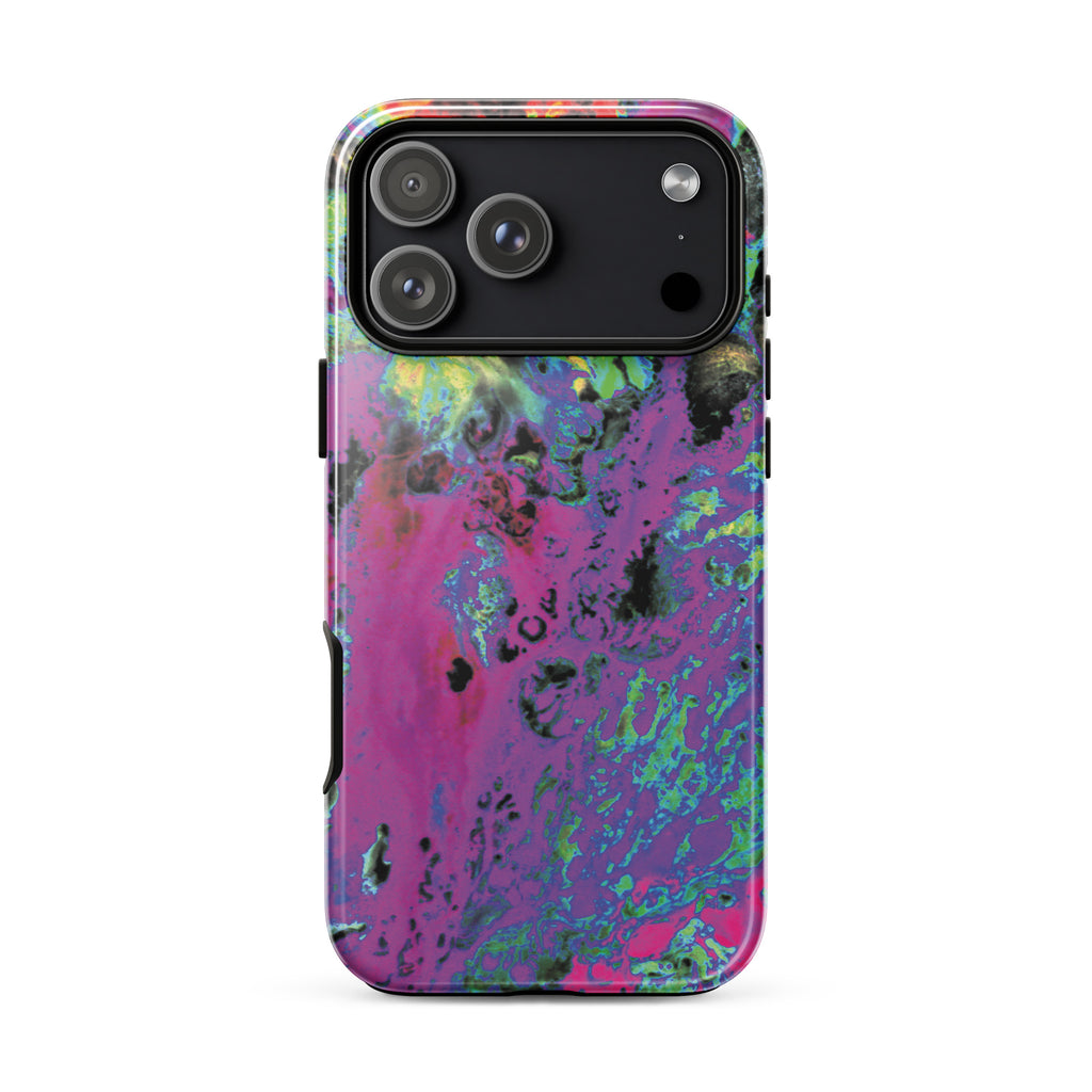 Phone case with a colorful abstract design on a white background
