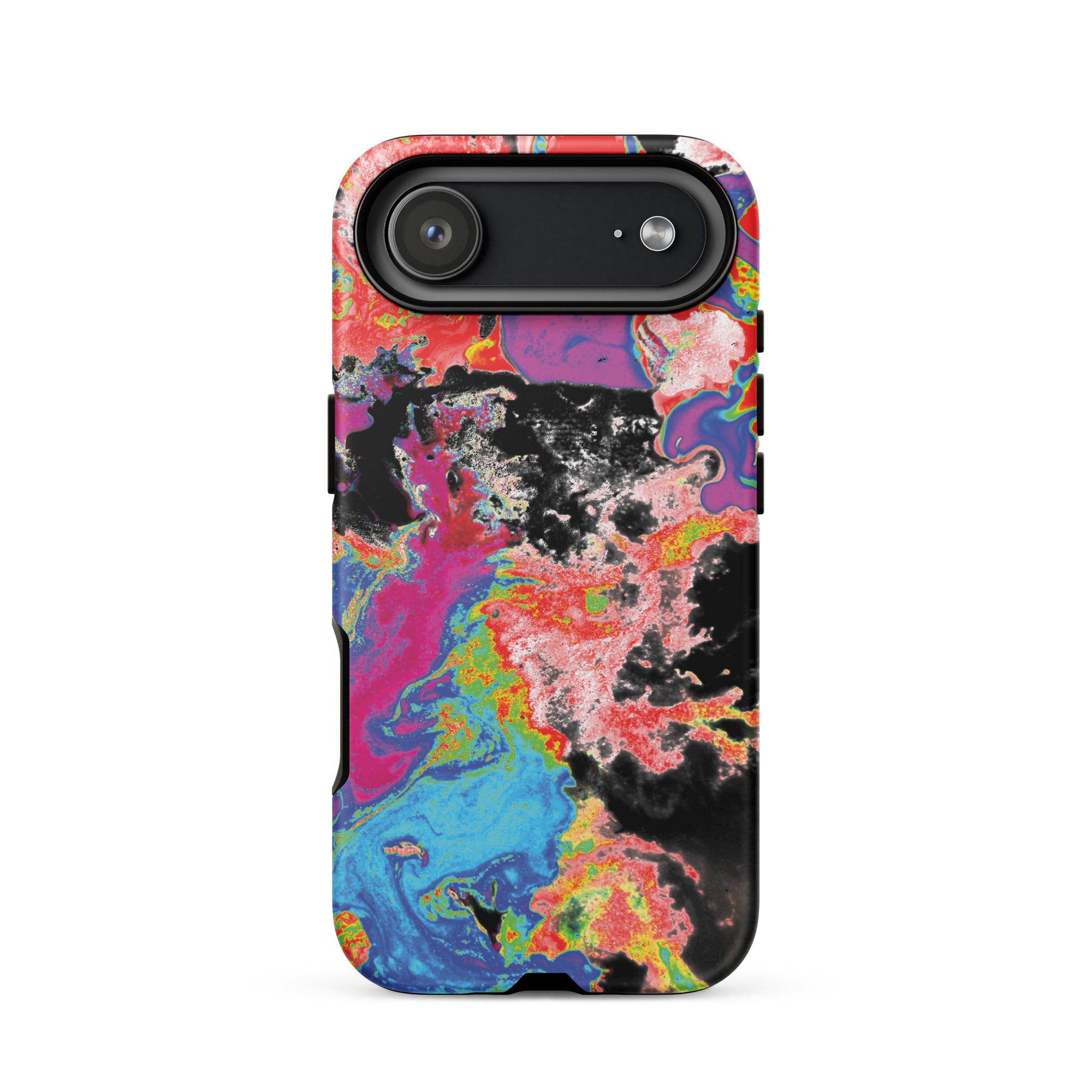 Phone case with a colorful abstract design on a white background