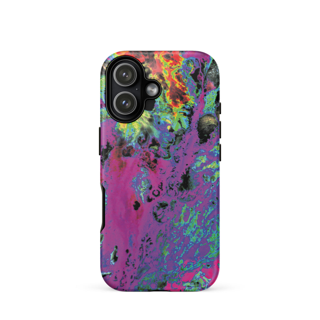 Phone case with a vibrant, multicolored abstract design on a white background