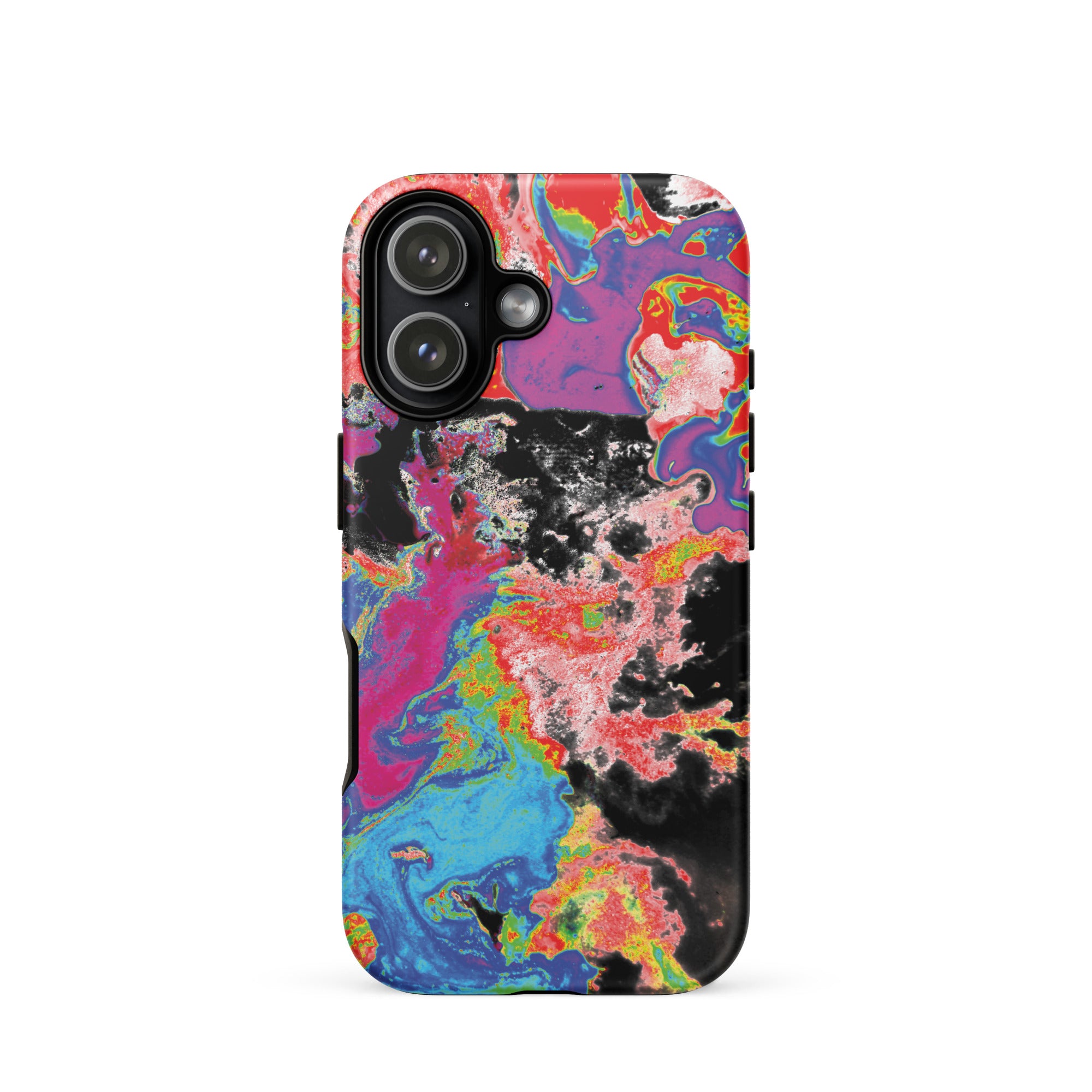 Phone case with a colorful abstract design on a white background